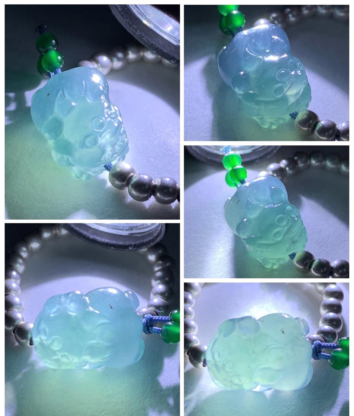 Natural Guatemalan Icy Highly Translucent Aegean Blue Jade Jadeite Petite Pixiu Sterling Silver Beaded Ring size 7.5 天然冰危牛仔蓝翡翠小貔貅银珠戒圈 SWX220
