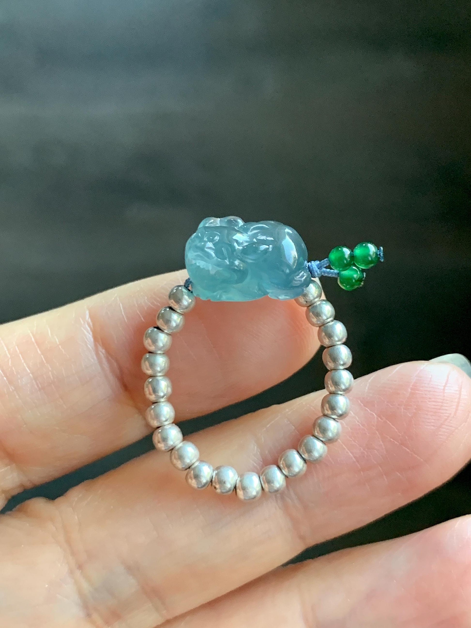 Natural Guatemalan Icy Highly Translucent Aegean Blue Jade Jadeite Petite Pixiu Sterling Silver Beaded Ring size 7.5 天然冰危牛仔蓝翡翠小貔貅银珠戒圈 SWX220
