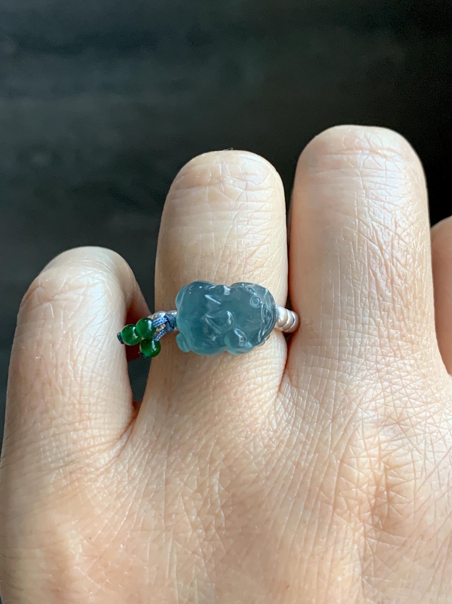 Natural Guatemalan Icy Highly Translucent Aegean Blue Jade Jadeite Petite Pixiu Sterling Silver Beaded Ring size 7.5 天然冰危牛仔蓝翡翠小貔貅银珠戒圈 SWX220