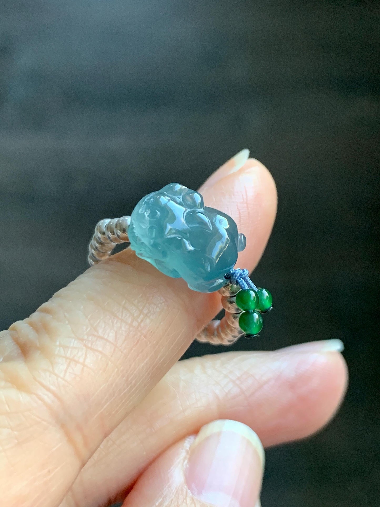 Natural Guatemalan Icy Highly Translucent Aegean Blue Jade Jadeite Petite Pixiu Sterling Silver Beaded Ring size 7.5 天然冰危牛仔蓝翡翠小貔貅银珠戒圈 SWX220