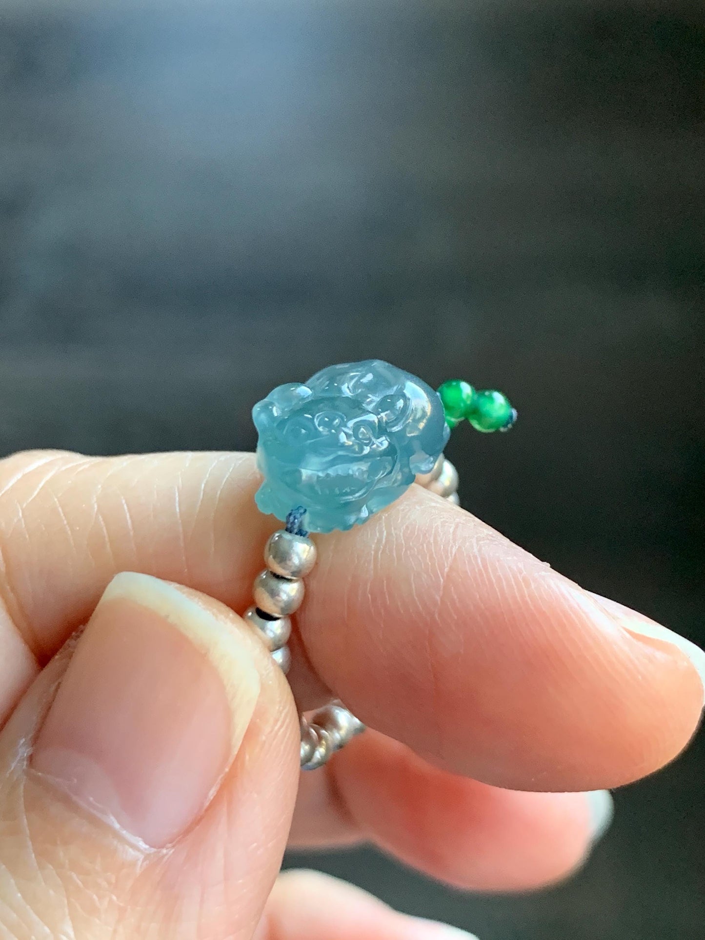 Natural Guatemalan Icy Highly Translucent Aegean Blue Jade Jadeite Petite Pixiu Sterling Silver Beaded Ring size 7.5 天然冰危牛仔蓝翡翠小貔貅银珠戒圈 SWX220