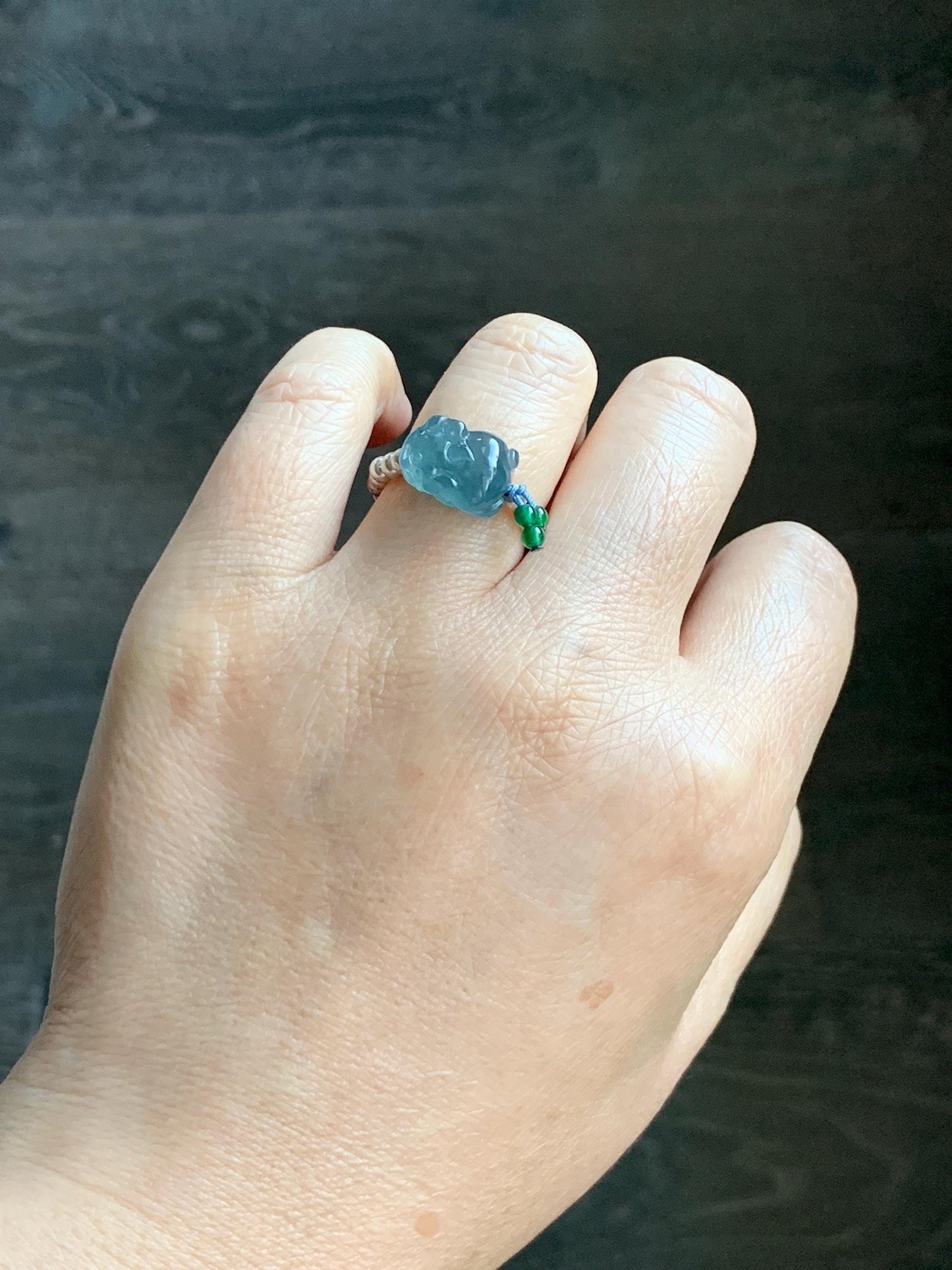 Natural Guatemalan Icy Highly Translucent Aegean Blue Jade Jadeite Petite Pixiu Sterling Silver Beaded Ring size 7.5 天然冰危牛仔蓝翡翠小貔貅银珠戒圈 SWX220