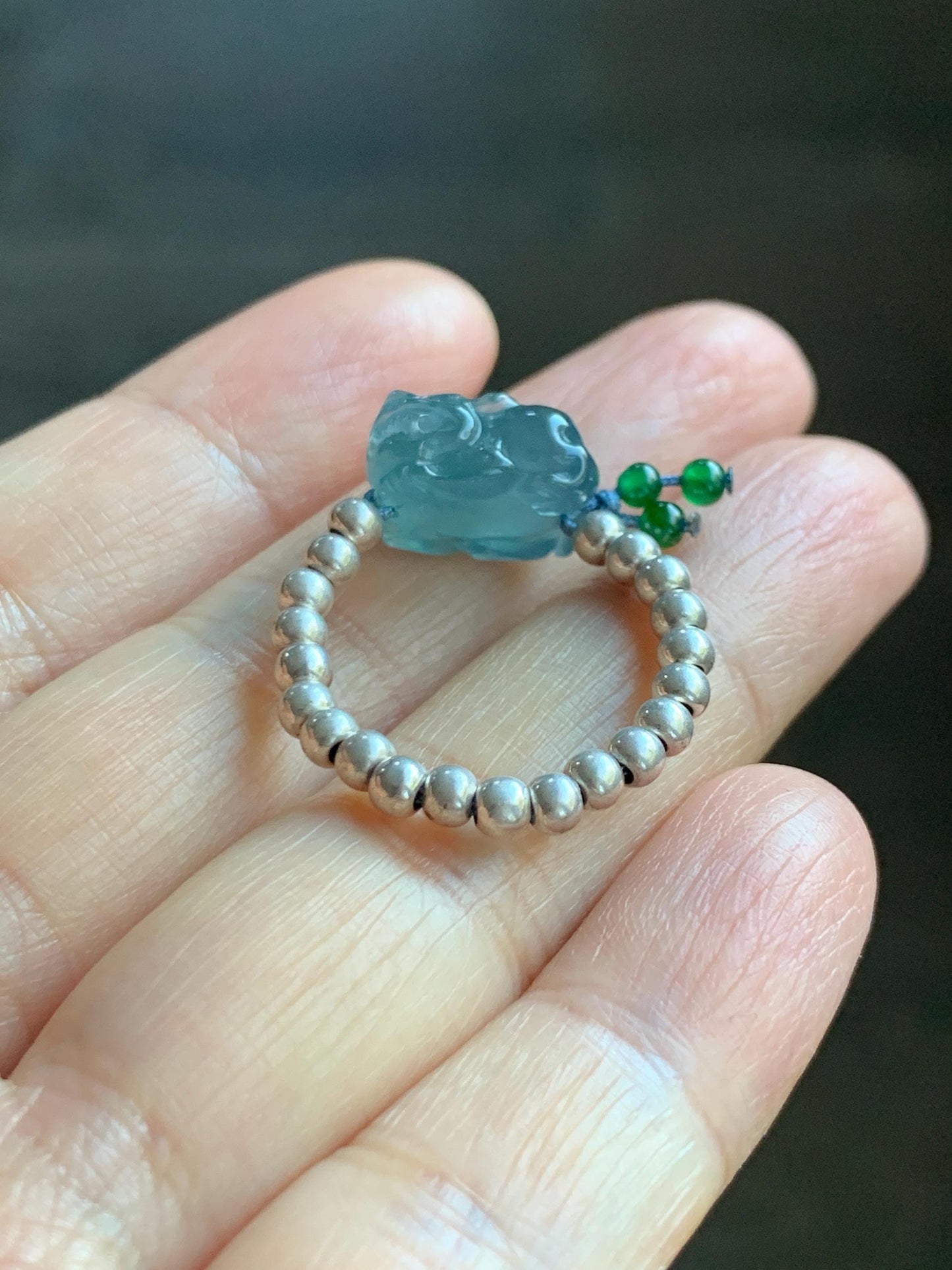 Natural Guatemalan Icy Highly Translucent Aegean Blue Jade Jadeite Petite Pixiu Sterling Silver Beaded Ring size 7.5 天然冰危牛仔蓝翡翠小貔貅银珠戒圈 SWX220