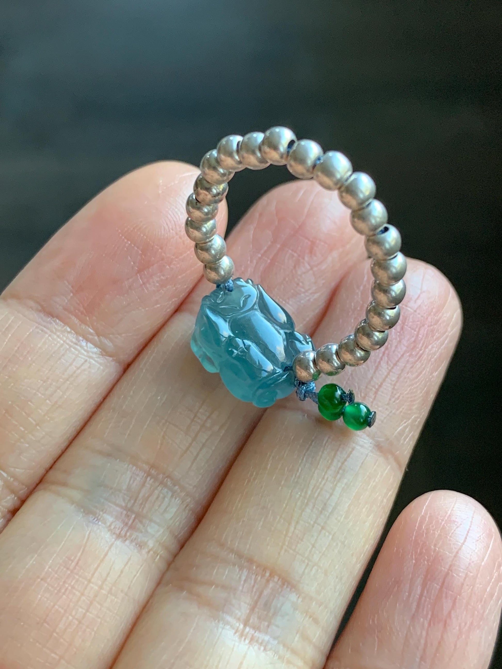 Natural Guatemalan Icy Highly Translucent Aegean Blue Jade Jadeite Petite Pixiu Sterling Silver Beaded Ring size 7.5 天然冰危牛仔蓝翡翠小貔貅银珠戒圈 SWX220