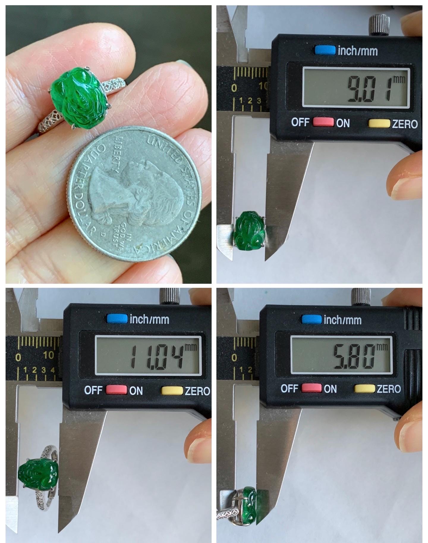 Natural Grade A Guatemalan Icy Translucent Vibrant Green Jade Jadeite Pixiu Ring Sterling Silver Size 7 Adjustable 天然冰危绿翡翠貔貅银镶戒指 WLX160E