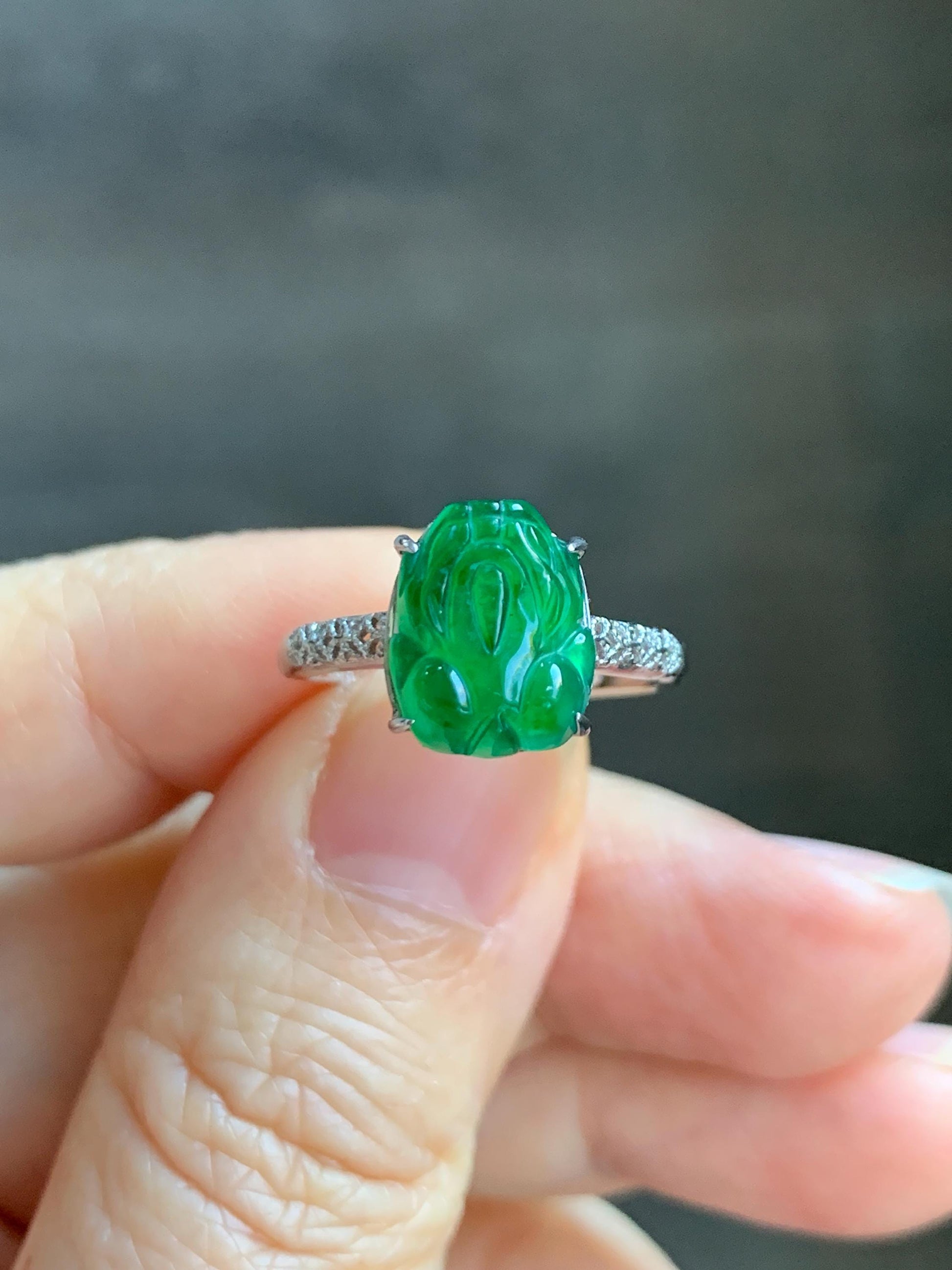 Natural Grade A Guatemalan Icy Translucent Vibrant Green Jade Jadeite Pixiu Ring Sterling Silver Size 7 Adjustable 天然冰危绿翡翠貔貅银镶戒指 WLX160E