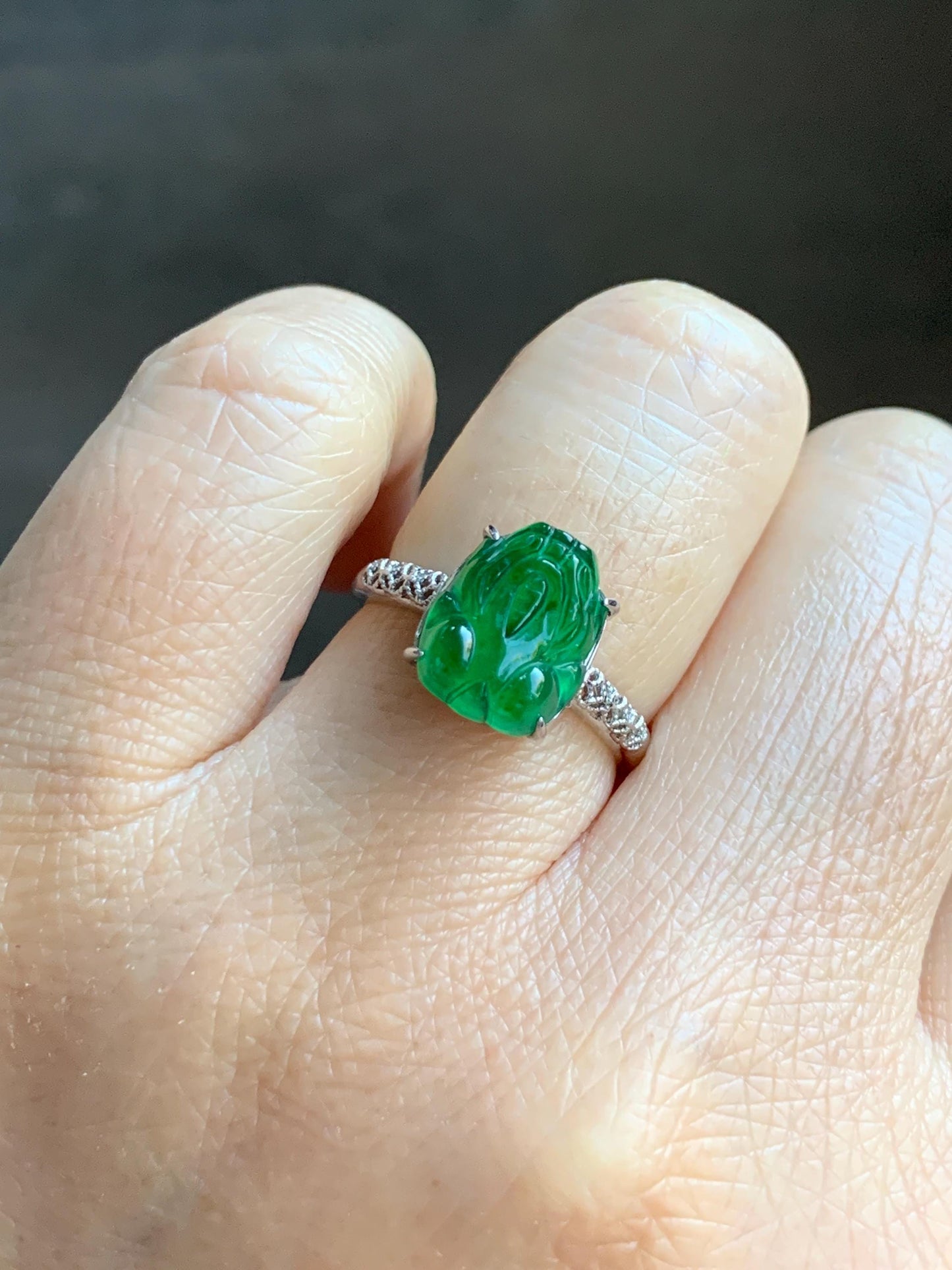 Natural Grade A Guatemalan Icy Translucent Vibrant Green Jade Jadeite Pixiu Ring Sterling Silver Size 7 Adjustable 天然冰危绿翡翠貔貅银镶戒指 WLX160E