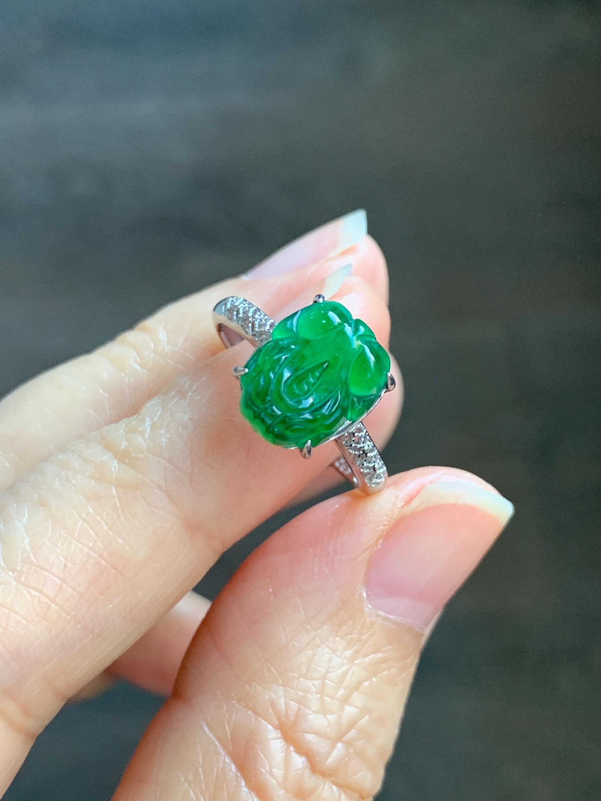 Natural Grade A Guatemalan Icy Translucent Vibrant Green Jade Jadeite Pixiu Ring Sterling Silver Size 7 Adjustable 天然冰危绿翡翠貔貅银镶戒指 WLX160E