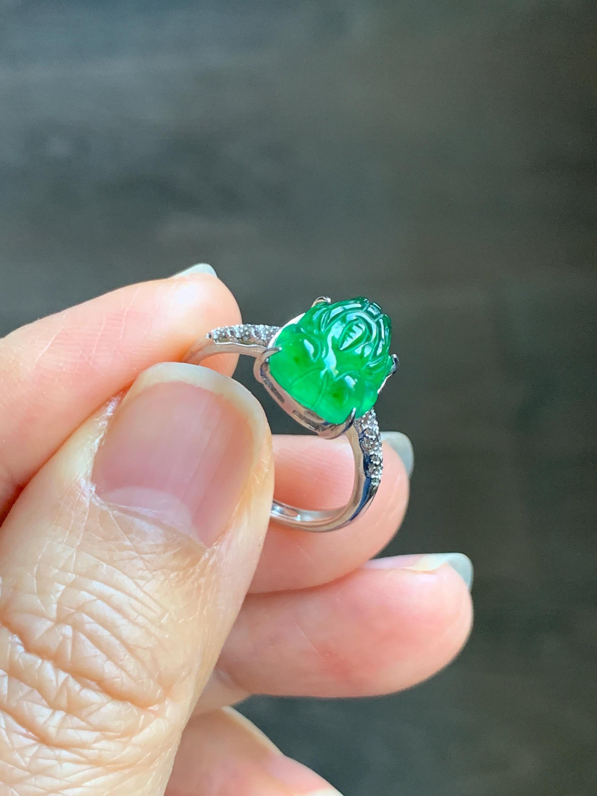 Natural Grade A Guatemalan Icy Translucent Vibrant Green Jade Jadeite Pixiu Ring Sterling Silver Size 7 Adjustable 天然冰危绿翡翠貔貅银镶戒指 WLX160E