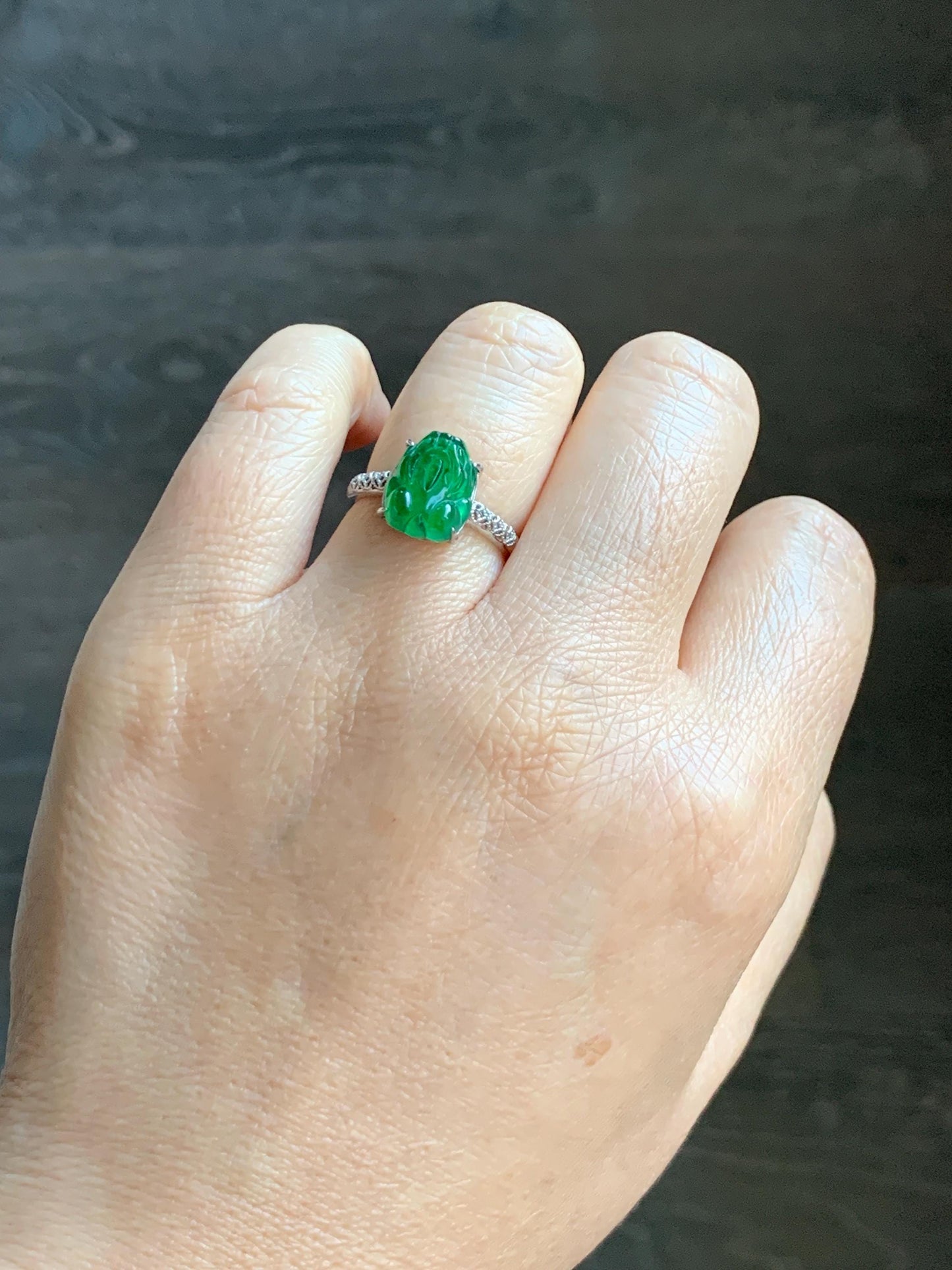 Natural Grade A Guatemalan Icy Translucent Vibrant Green Jade Jadeite Pixiu Ring Sterling Silver Size 7 Adjustable 天然冰危绿翡翠貔貅银镶戒指 WLX160E