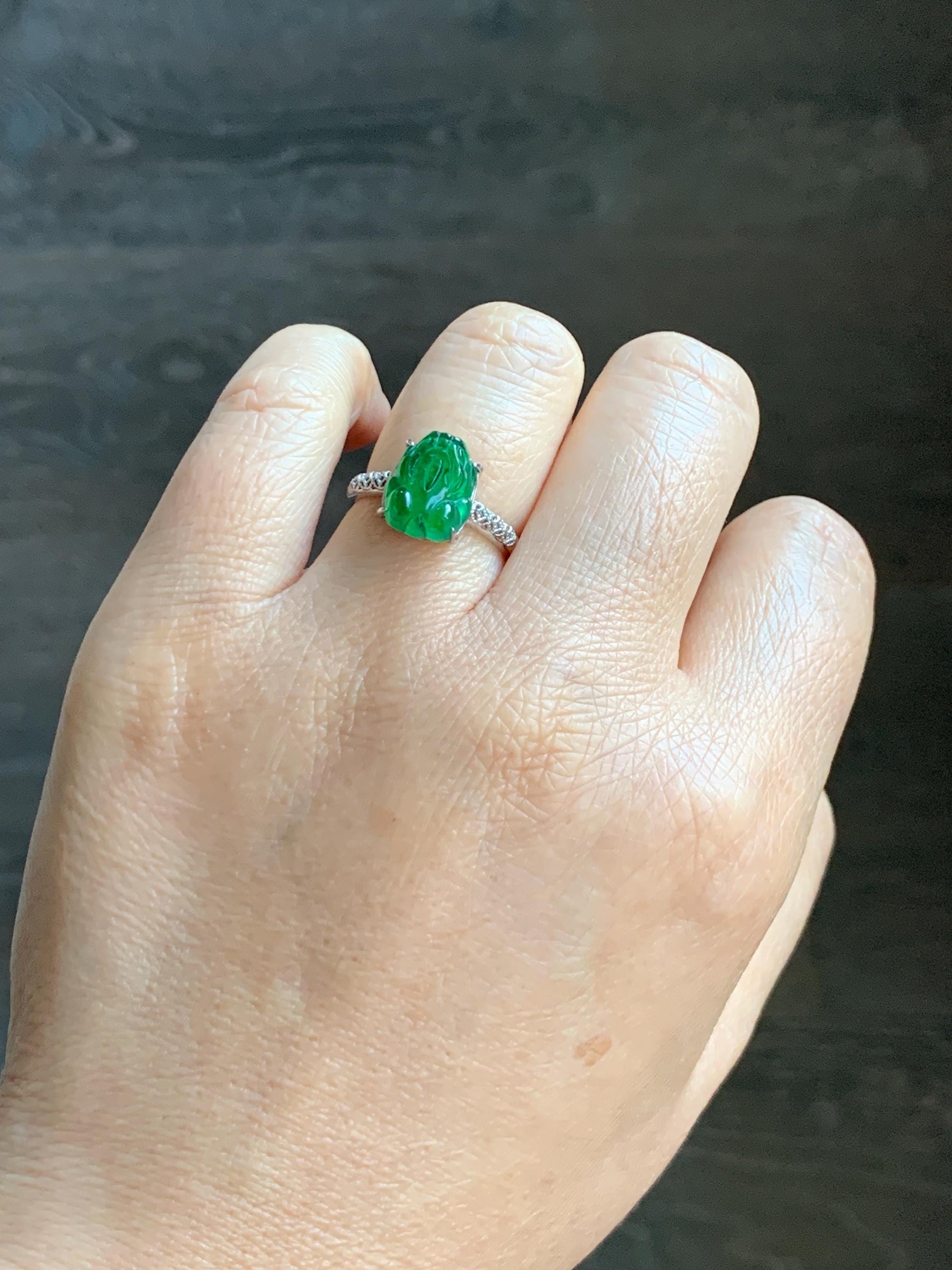 Natural Grade A Guatemalan Icy Translucent Vibrant Green Jade Jadeite Pixiu Ring Sterling Silver Size 7 Adjustable 天然冰危绿翡翠貔貅银镶戒指 WLX160E