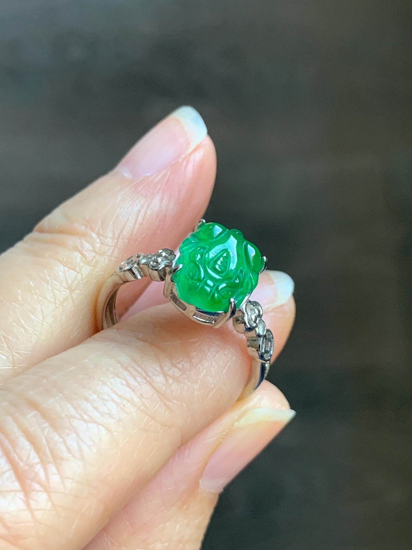 Natural Grade A Guatemalan Icy Translucent Vibrant Green Jade Jadeite Pixiu Ring Sterling Silver Size 7 Adjustable 天然冰危绿翡翠貔貅银镶戒指 WLX160F
