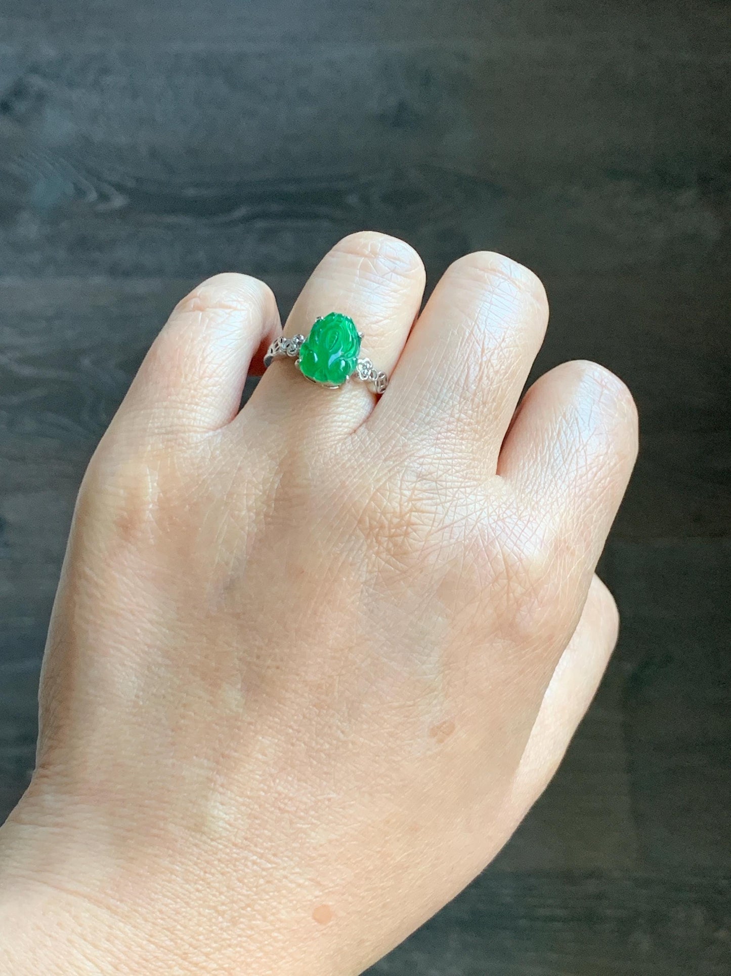 Natural Grade A Guatemalan Icy Translucent Vibrant Green Jade Jadeite Pixiu Ring Sterling Silver Size 7 Adjustable 天然冰危绿翡翠貔貅银镶戒指 WLX160F
