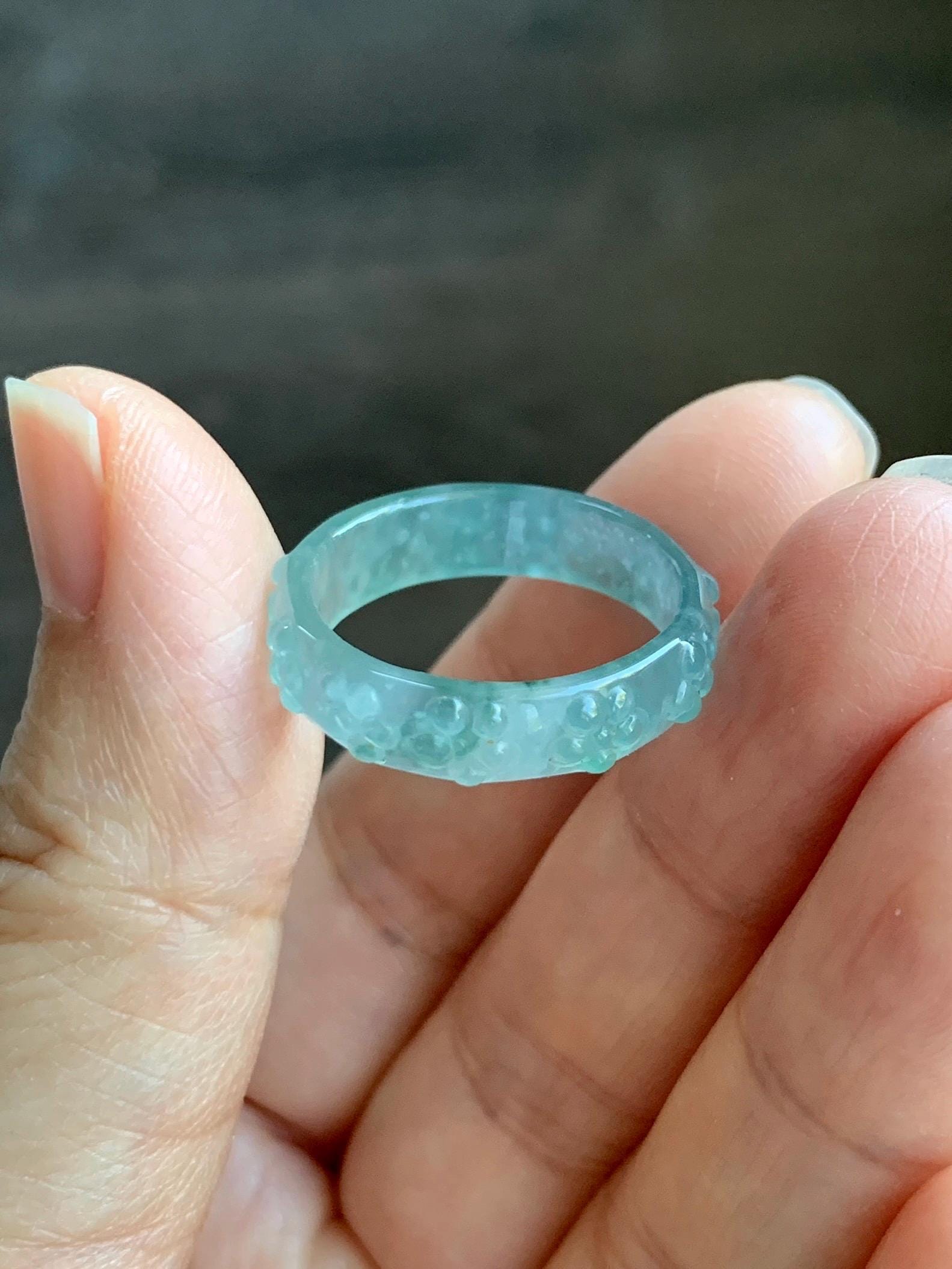 Natural Grade A Guatemalan Icy Translucent Light Teal Blue Jade Jadeite Carved Cherry Blossom Band Ring Size 8.75 US 天然冰胶危蓝翡翠梅花戒圈 WQB66F