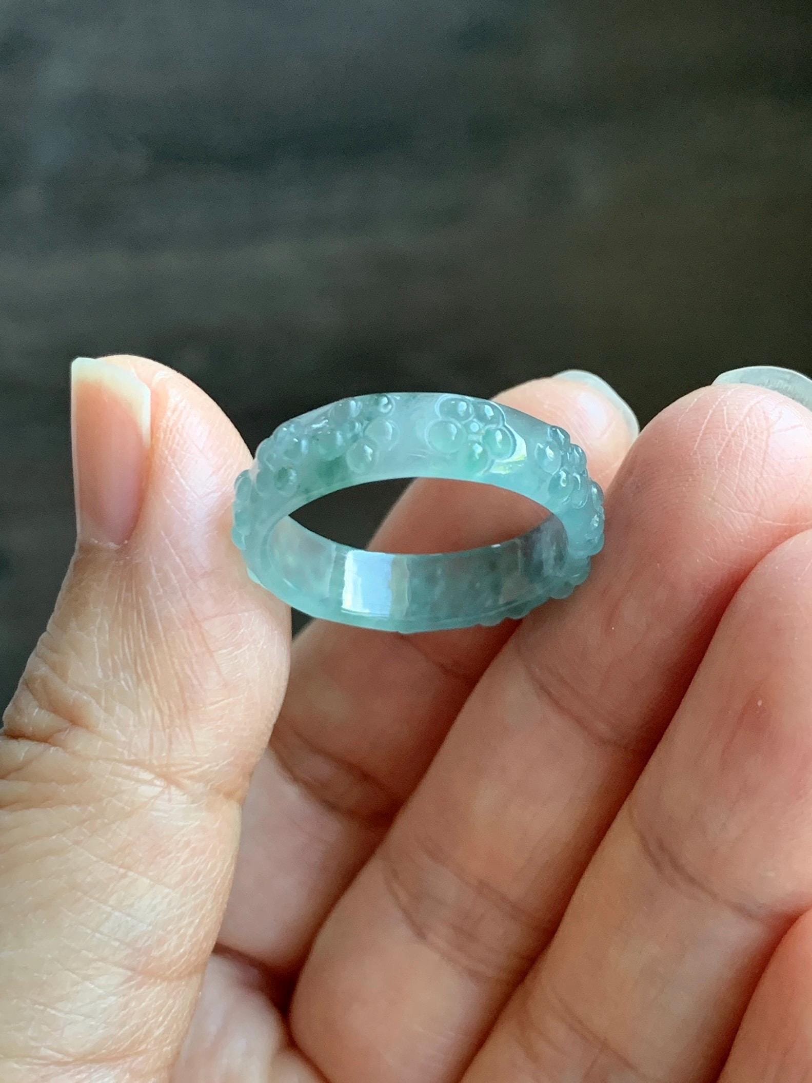Natural Grade A Guatemalan Icy Translucent Light Teal Blue Jade Jadeite Carved Cherry Blossom Band Ring Size 8.75 US 天然冰胶危蓝翡翠梅花戒圈 WQB66F
