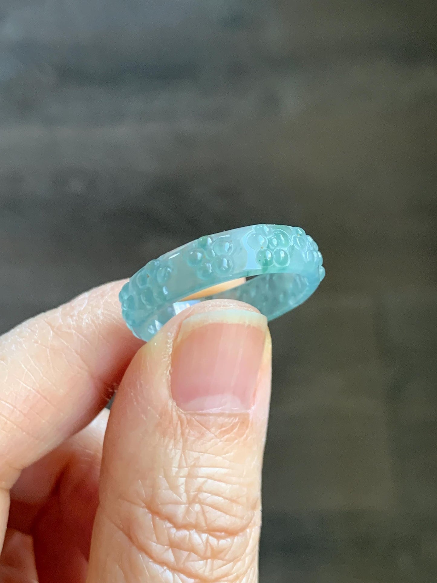 Natural Grade A Guatemalan Icy Translucent Light Teal Blue Jade Jadeite Carved Cherry Blossom Band Ring Size 8.75 US 天然冰胶危蓝翡翠梅花戒圈 WQB66F
