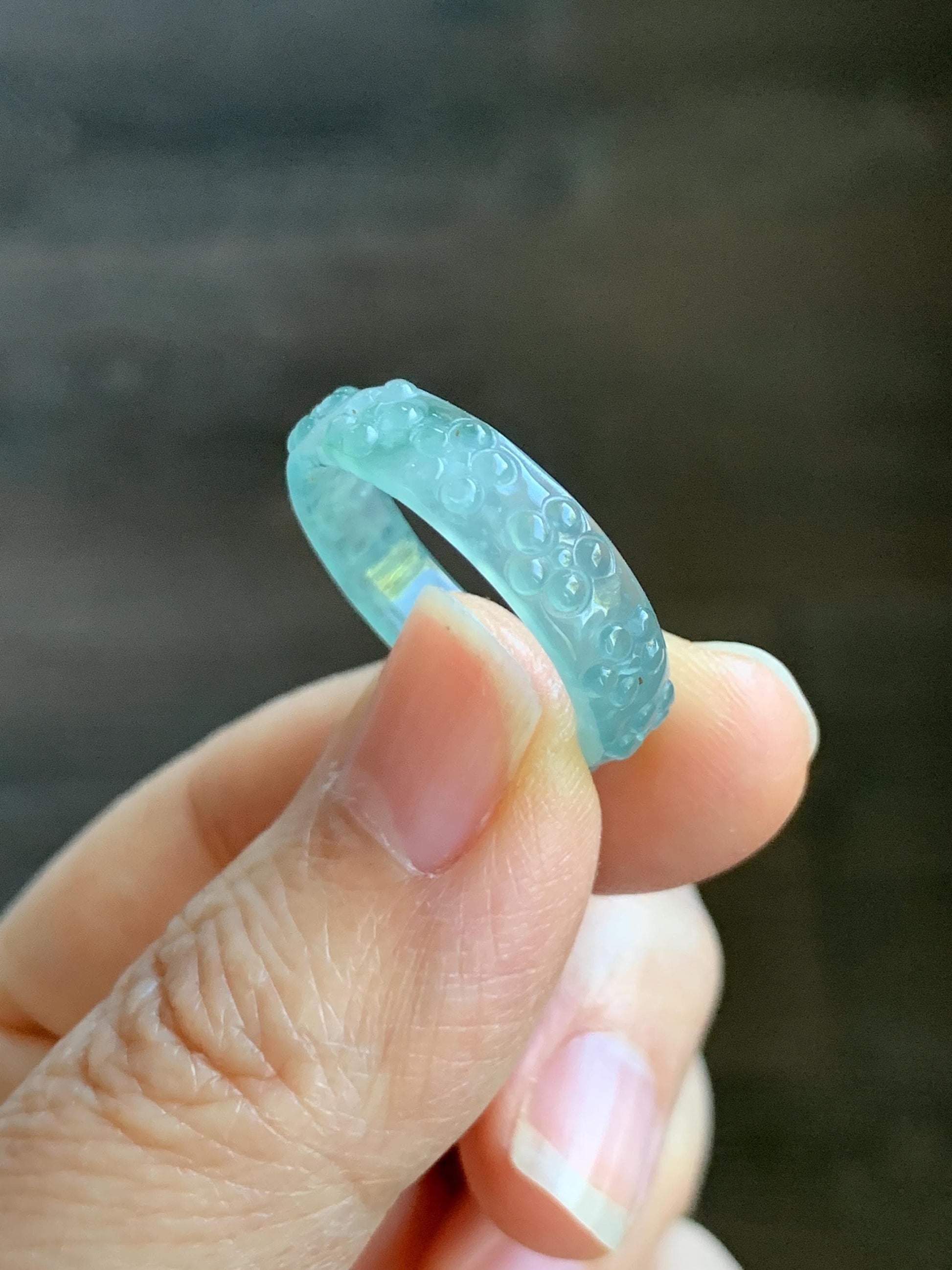 Natural Grade A Guatemalan Icy Translucent Light Teal Blue Jade Jadeite Carved Cherry Blossom Band Ring Size 8.75 US 天然冰胶危蓝翡翠梅花戒圈 WQB66F