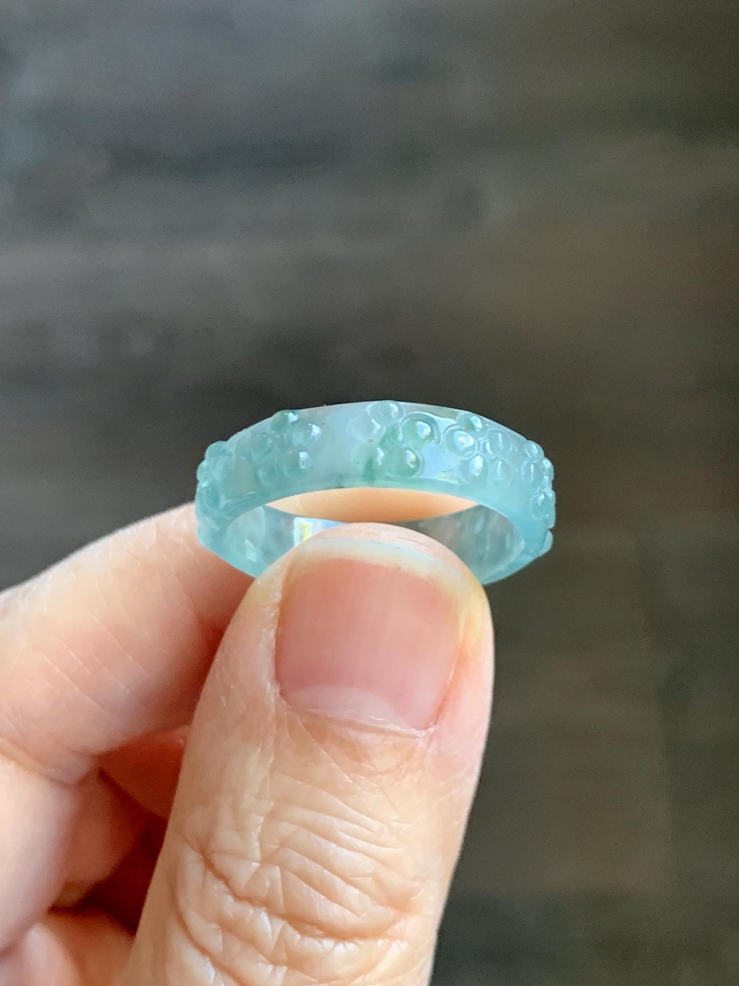 Natural Grade A Guatemalan Icy Translucent Light Teal Blue Jade Jadeite Carved Cherry Blossom Band Ring Size 8.75 US 天然冰胶危蓝翡翠梅花戒圈 WQB66F