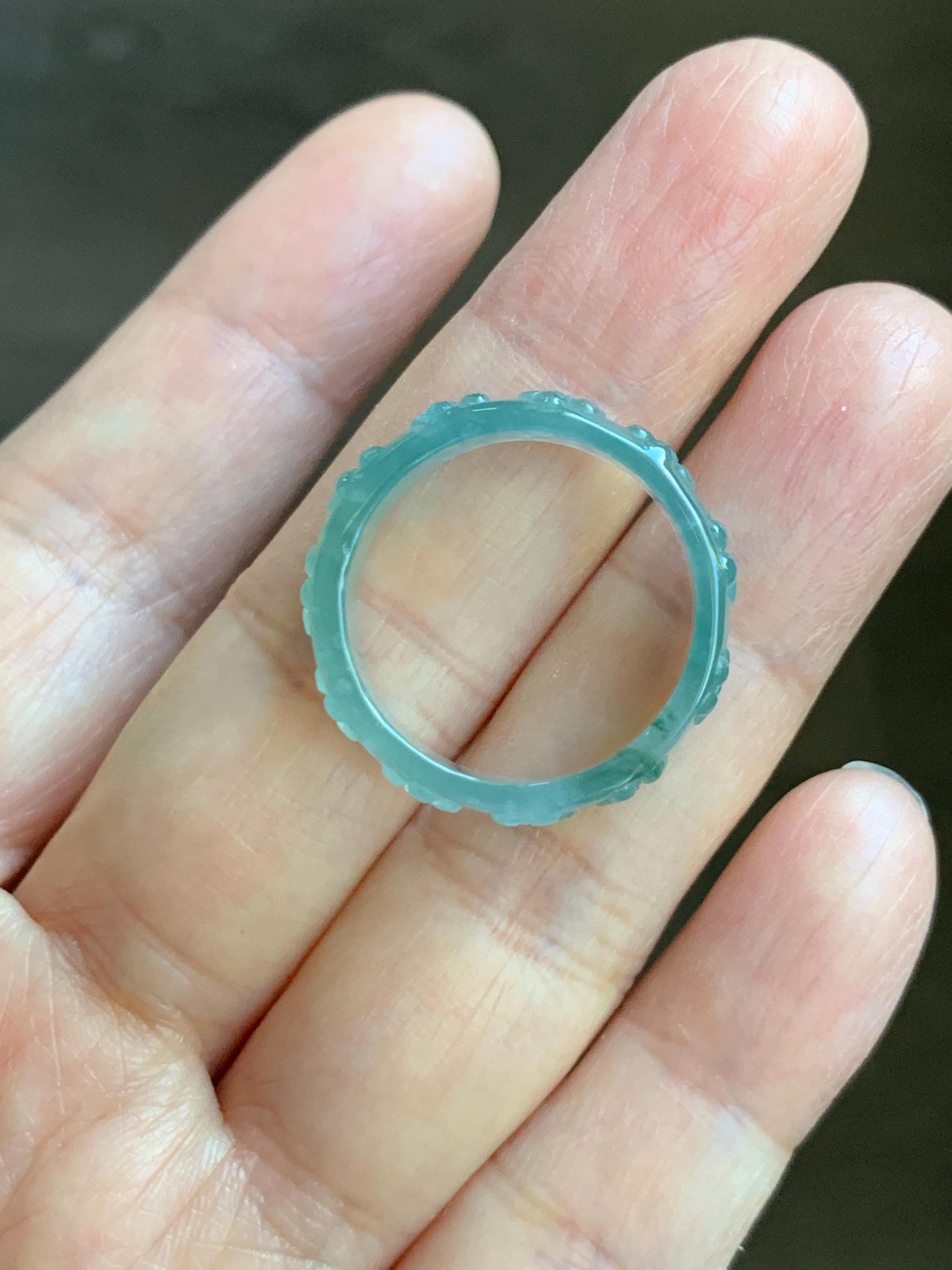 Natural Grade A Guatemalan Icy Translucent Light Teal Blue Jade Jadeite Carved Cherry Blossom Band Ring Size 8.75 US 天然冰胶危蓝翡翠梅花戒圈 WQB66F