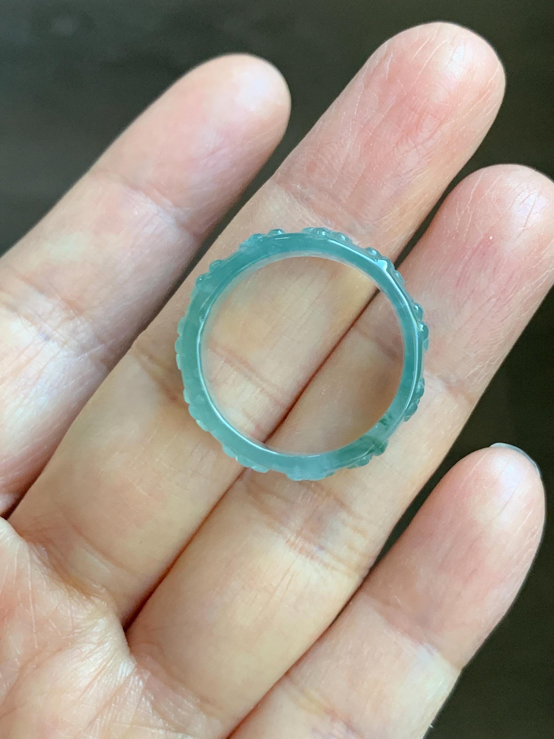 Natural Grade A Guatemalan Icy Translucent Light Teal Blue Jade Jadeite Carved Cherry Blossom Band Ring Size 8.75 US 天然冰胶危蓝翡翠梅花戒圈 WQB66F