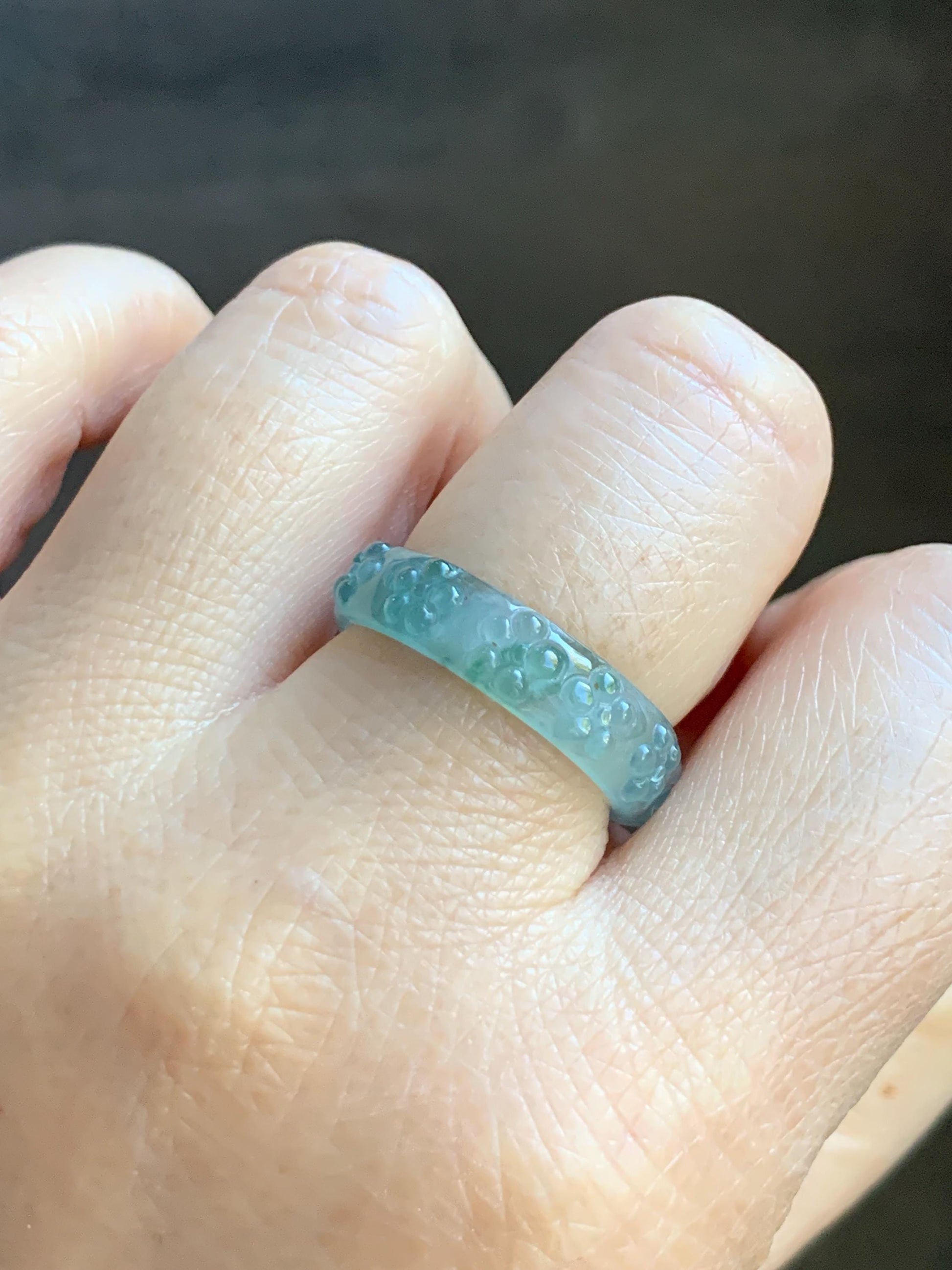 Natural Grade A Guatemalan Icy Translucent Light Teal Blue Jade Jadeite Carved Cherry Blossom Band Ring Size 8.75 US 天然冰胶危蓝翡翠梅花戒圈 WQB66F