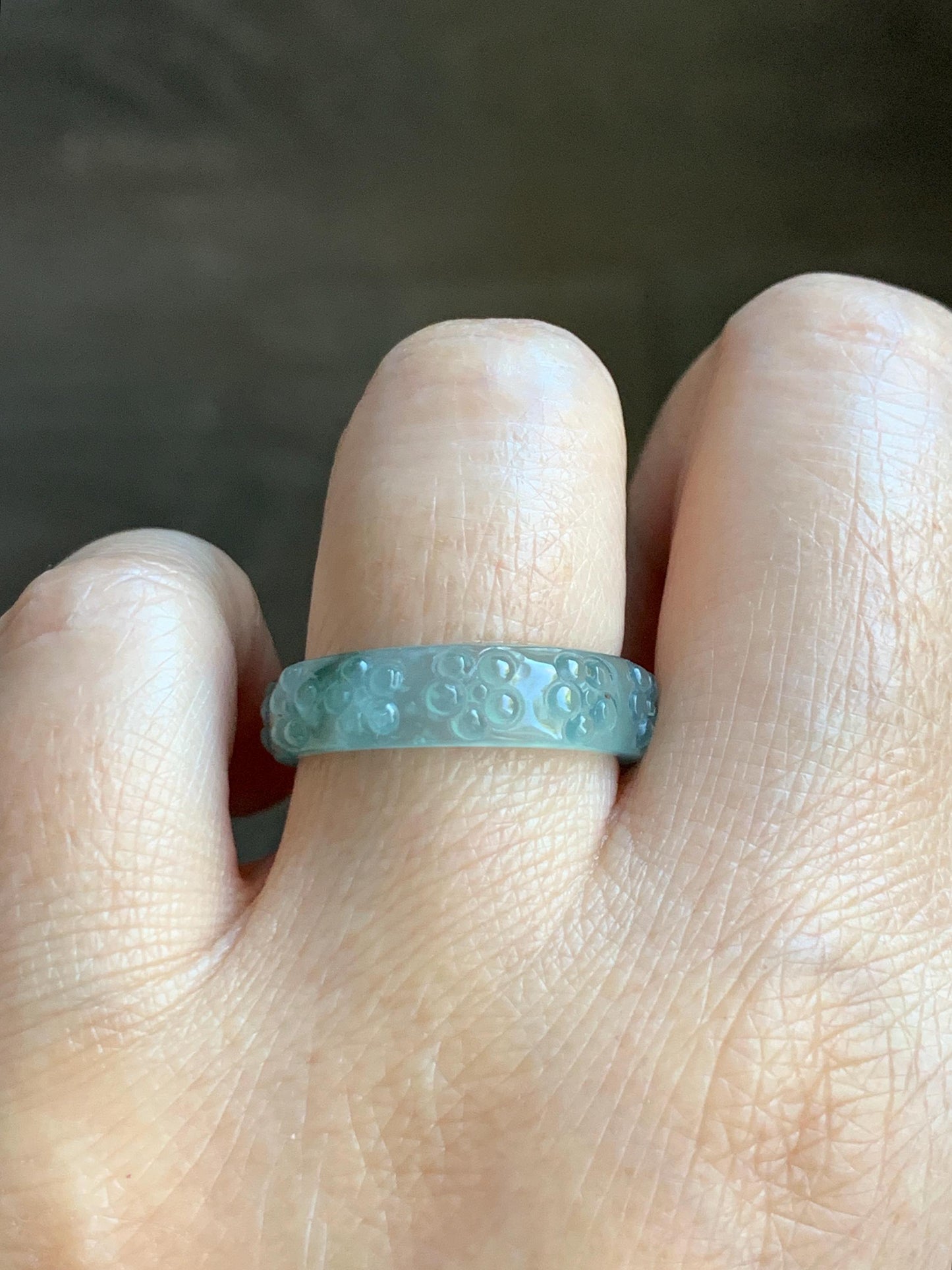 Natural Grade A Guatemalan Icy Translucent Light Teal Blue Jade Jadeite Carved Cherry Blossom Band Ring Size 8.75 US 天然冰胶危蓝翡翠梅花戒圈 WQB66F