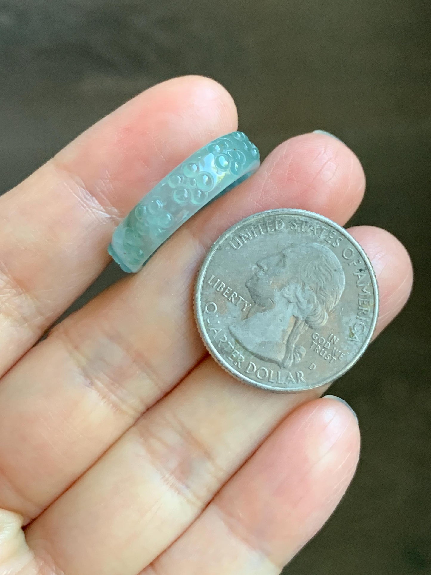 Natural Grade A Guatemalan Icy Translucent Light Teal Blue Jade Jadeite Carved Cherry Blossom Band Ring Size 8.75 US 天然冰胶危蓝翡翠梅花戒圈 WQB66F