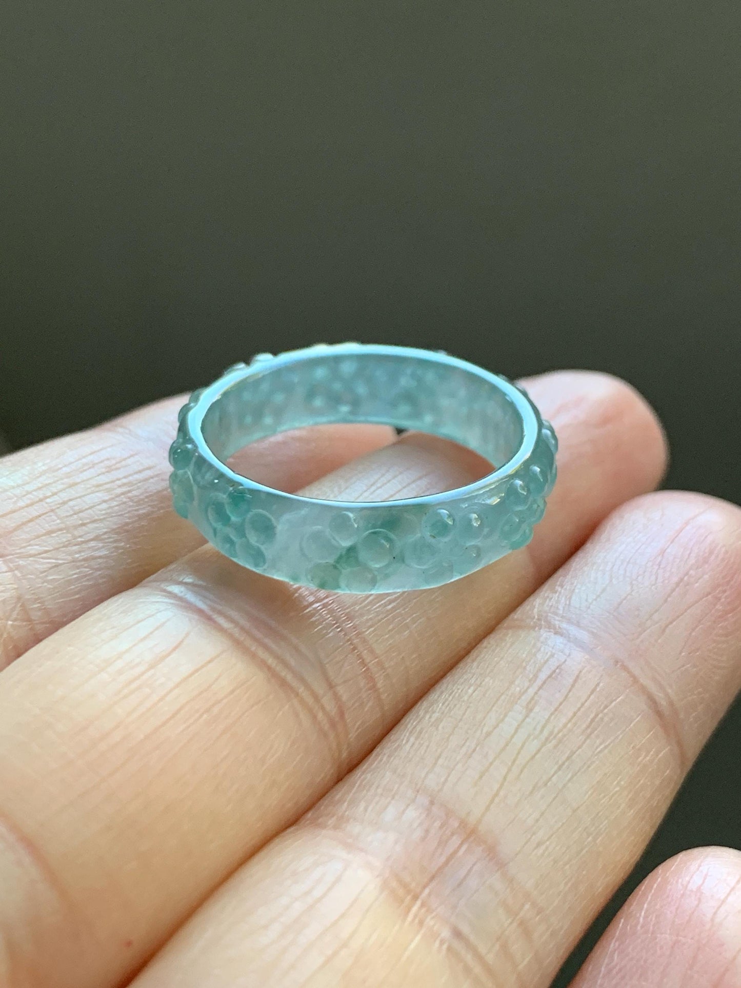 Natural Grade A Guatemalan Icy Translucent Light Teal Blue Jade Jadeite Carved Cherry Blossom Band Ring Size 8.75 US 天然冰胶危蓝翡翠梅花戒圈 WQB66F