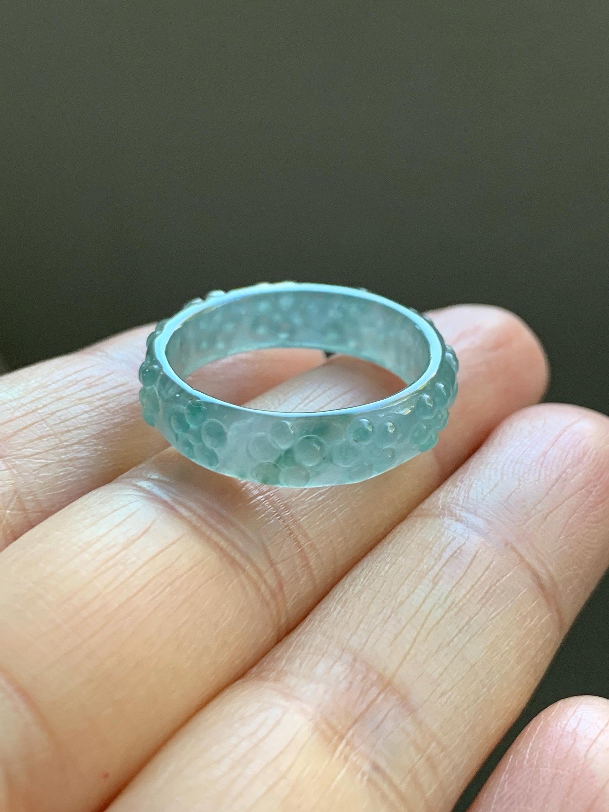Natural Grade A Guatemalan Icy Translucent Light Teal Blue Jade Jadeite Carved Cherry Blossom Band Ring Size 8.75 US 天然冰胶危蓝翡翠梅花戒圈 WQB66F
