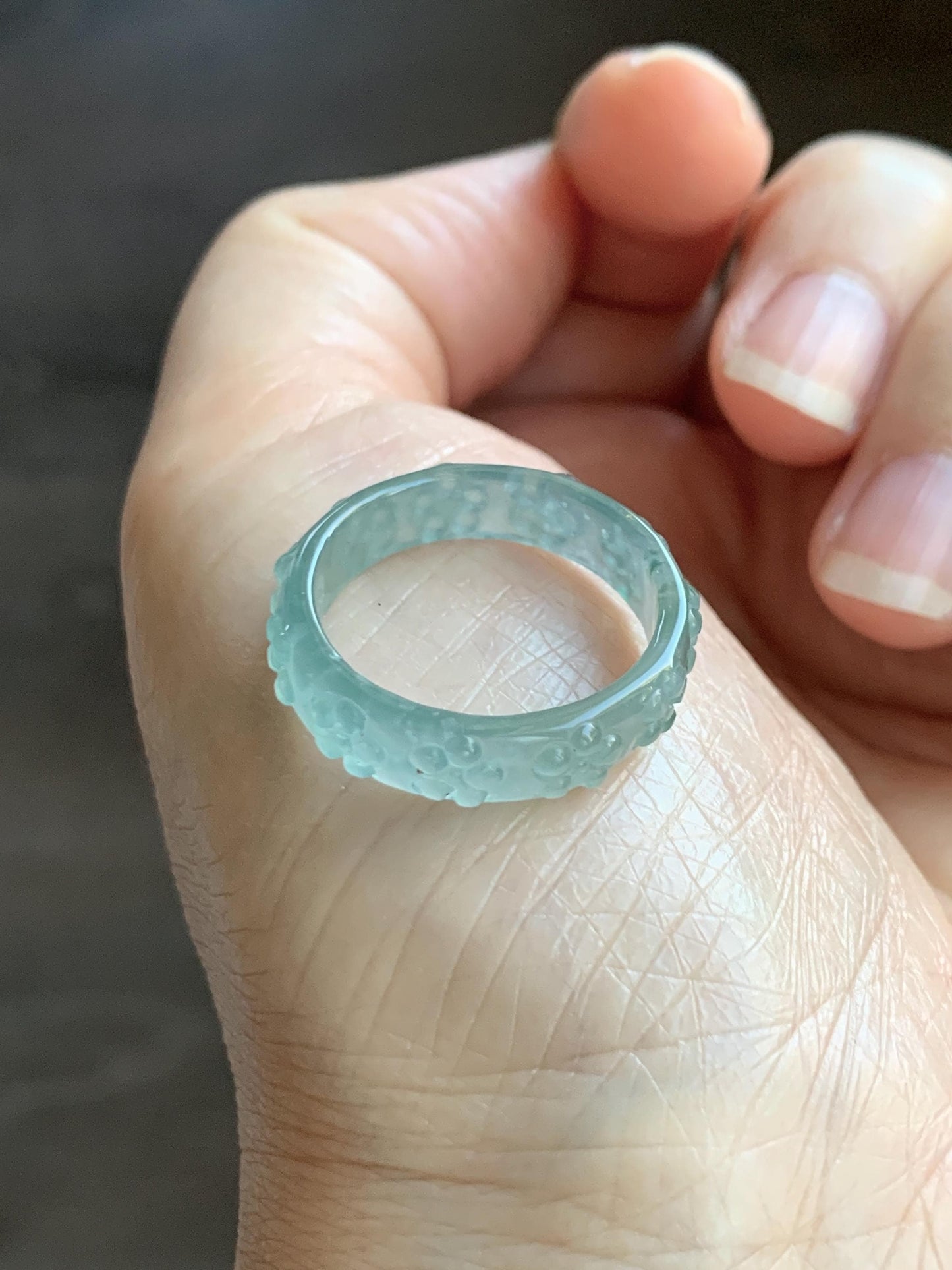Natural Grade A Guatemalan Icy Translucent Light Teal Blue Jade Jadeite Carved Cherry Blossom Band Ring Size 8.75 US 天然冰胶危蓝翡翠梅花戒圈 WQB66F