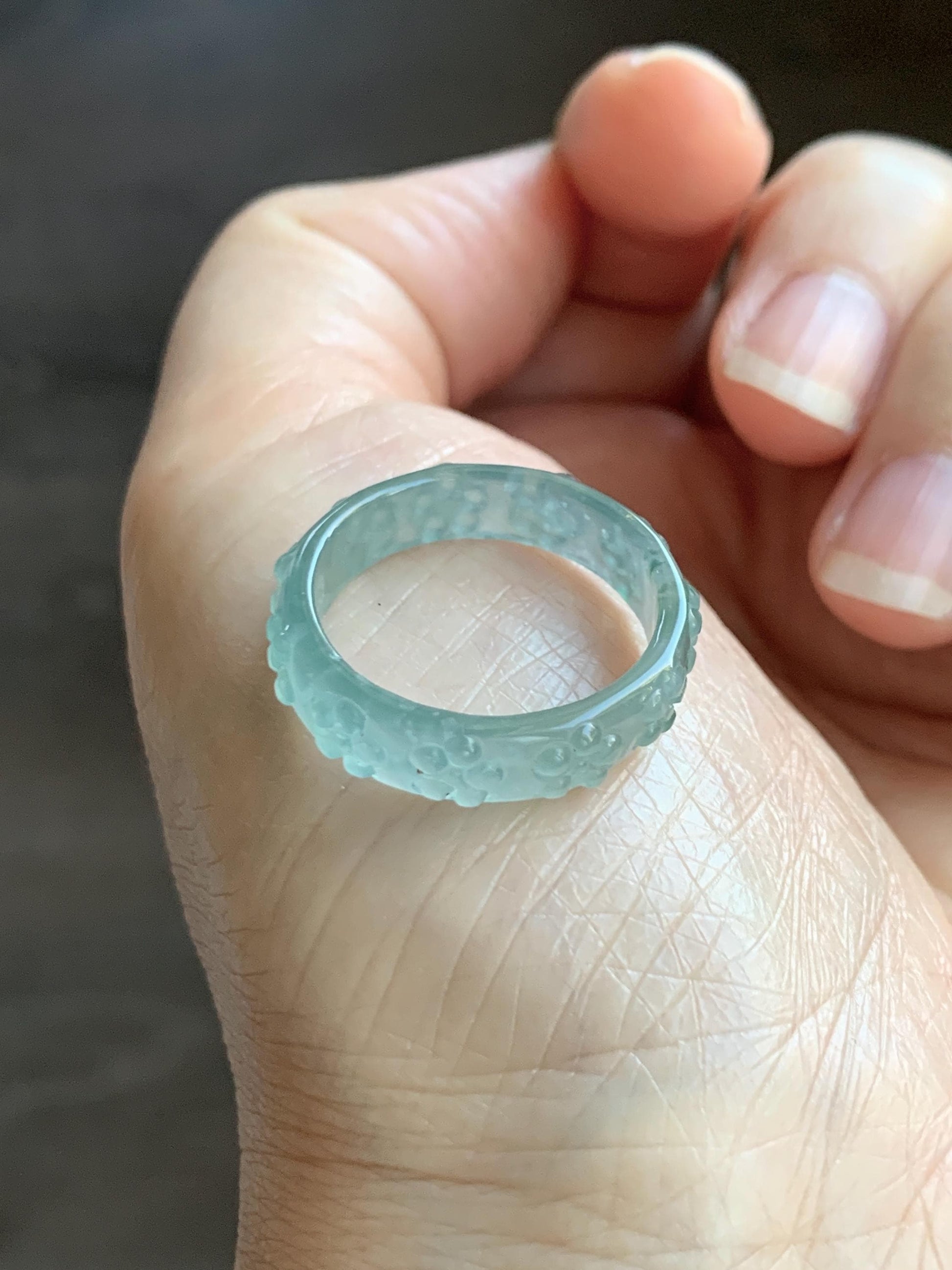 Natural Grade A Guatemalan Icy Translucent Light Teal Blue Jade Jadeite Carved Cherry Blossom Band Ring Size 8.75 US 天然冰胶危蓝翡翠梅花戒圈 WQB66F