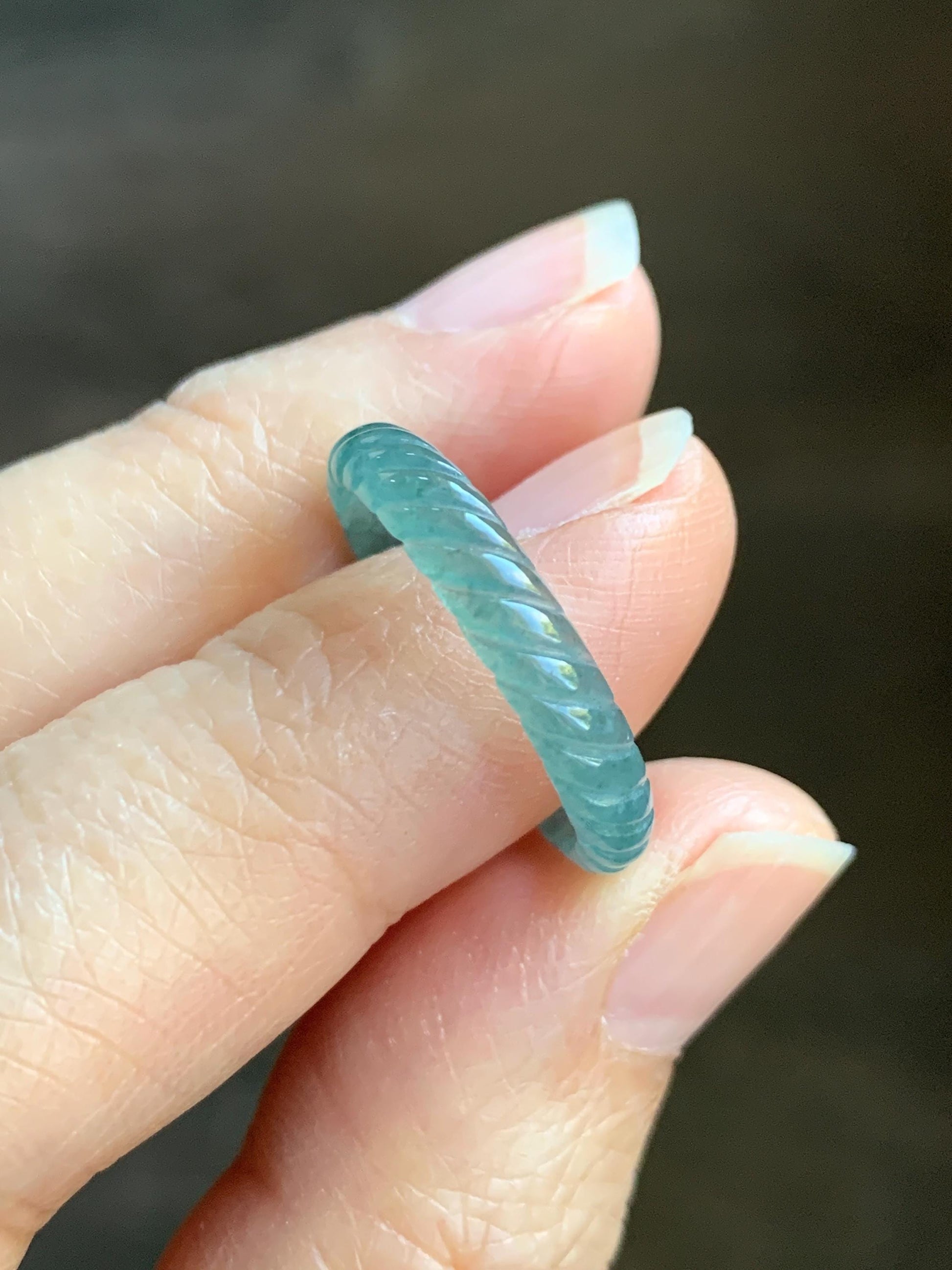 Natural Grade A Guatemalan Icy Highly Translucent Dark Teal Blue Jade Jadeite Carved Braid Band Ring Size 7.75 US 天然冰危深蓝绿翡翠麻花戒圈 WQB66M