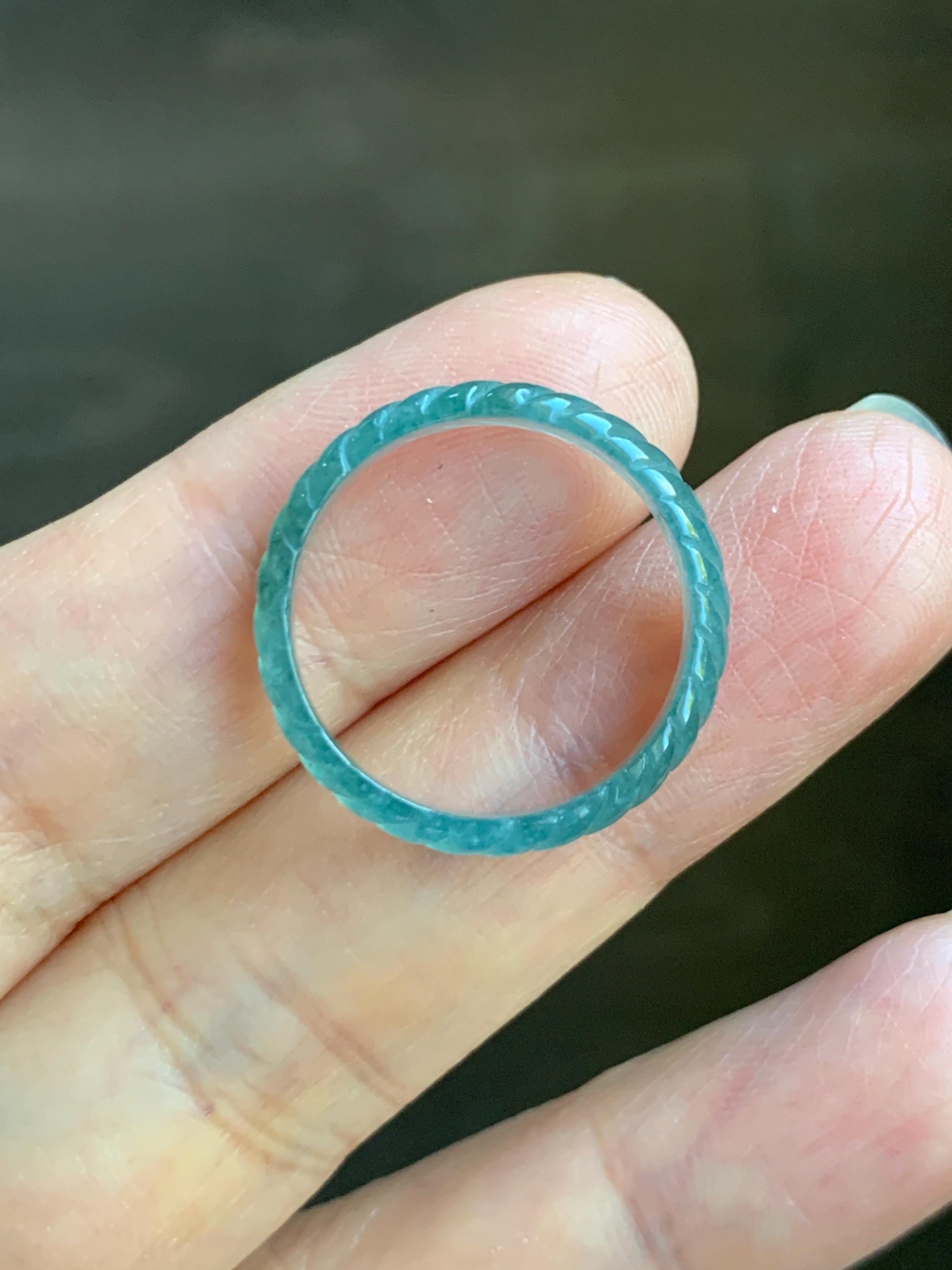 Natural Grade A Guatemalan Icy Highly Translucent Dark Teal Blue Jade Jadeite Carved Braid Band Ring Size 7.75 US 天然冰危深蓝绿翡翠麻花戒圈 WQB66M