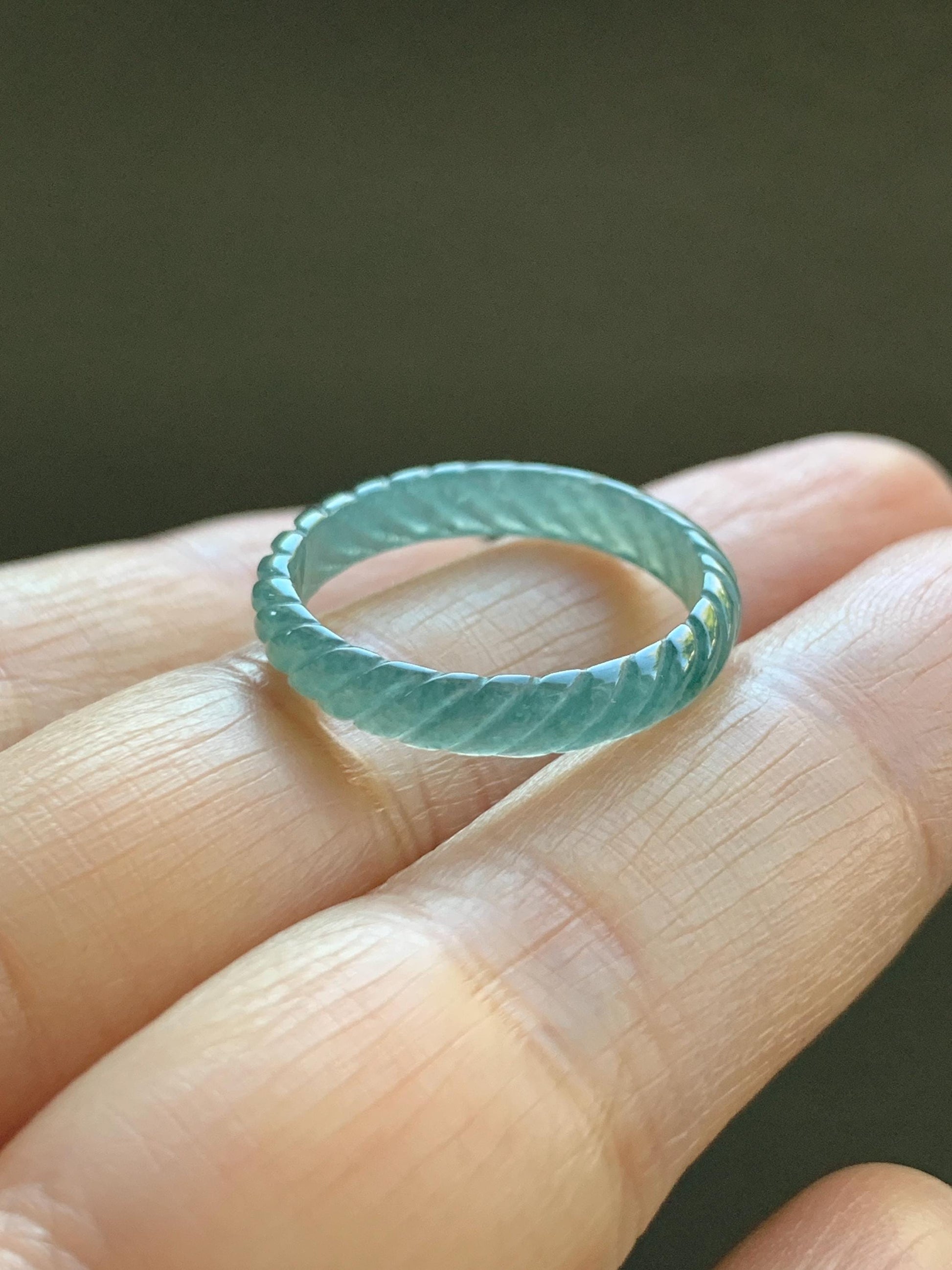 Natural Grade A Guatemalan Icy Highly Translucent Dark Teal Blue Jade Jadeite Carved Braid Band Ring Size 7.75 US 天然冰危深蓝绿翡翠麻花戒圈 WQB66M