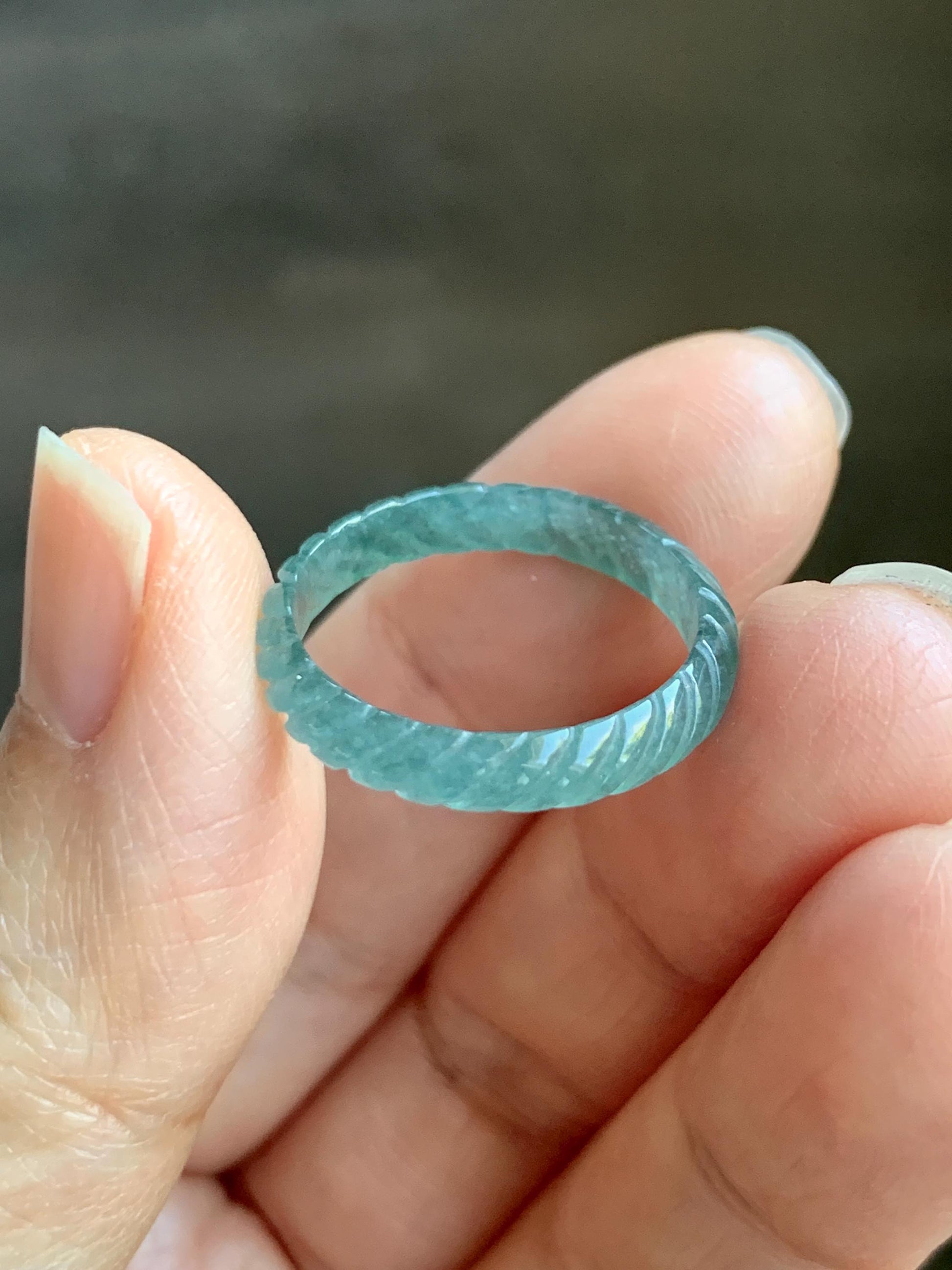 Natural Grade A Guatemalan Icy Highly Translucent Dark Teal Blue Jade Jadeite Carved Braid Band Ring Size 7.75 US 天然冰危深蓝绿翡翠麻花戒圈 WQB66M