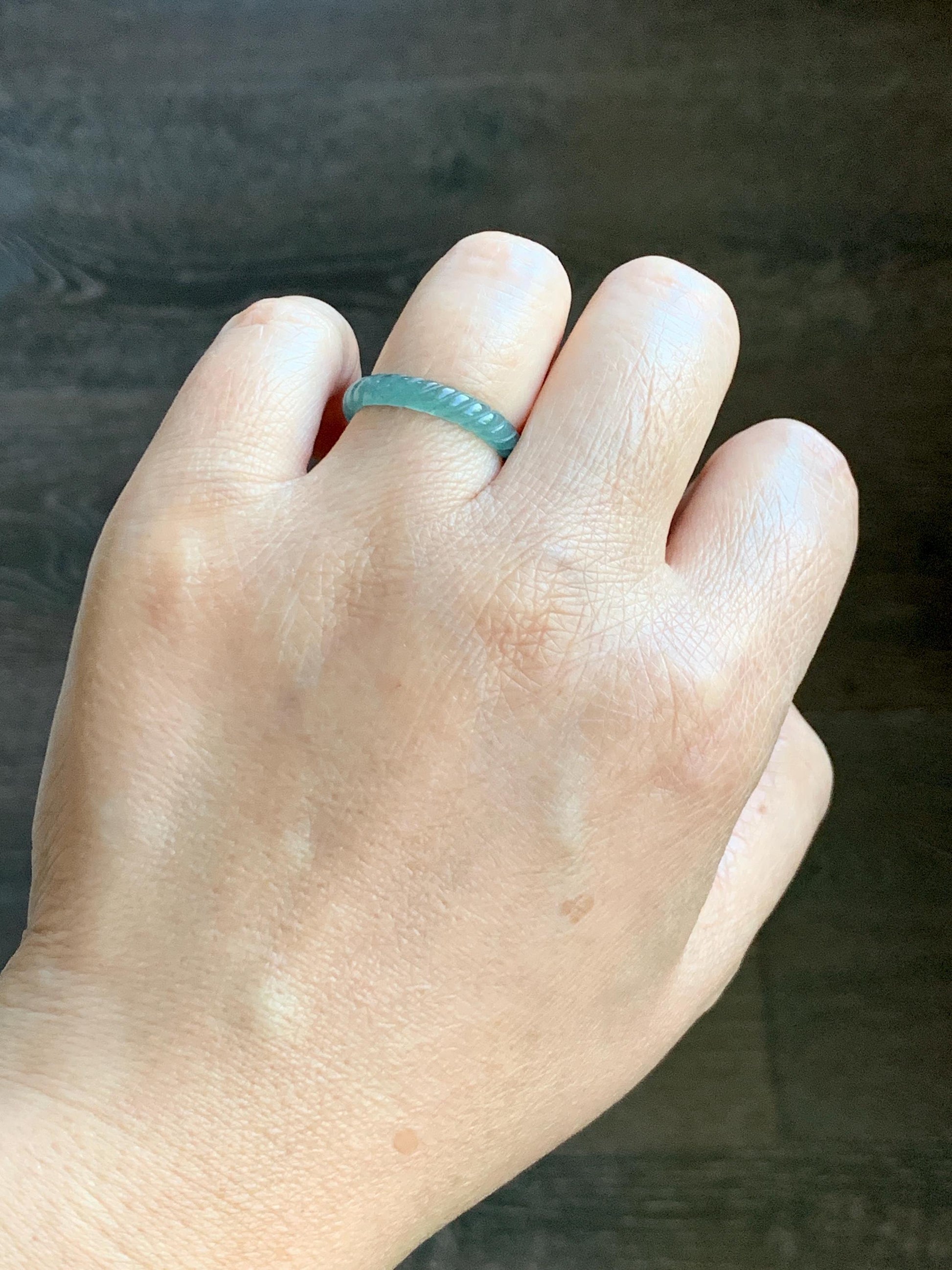 Natural Grade A Guatemalan Icy Highly Translucent Dark Teal Blue Jade Jadeite Carved Braid Band Ring Size 7.75 US 天然冰危深蓝绿翡翠麻花戒圈 WQB66M