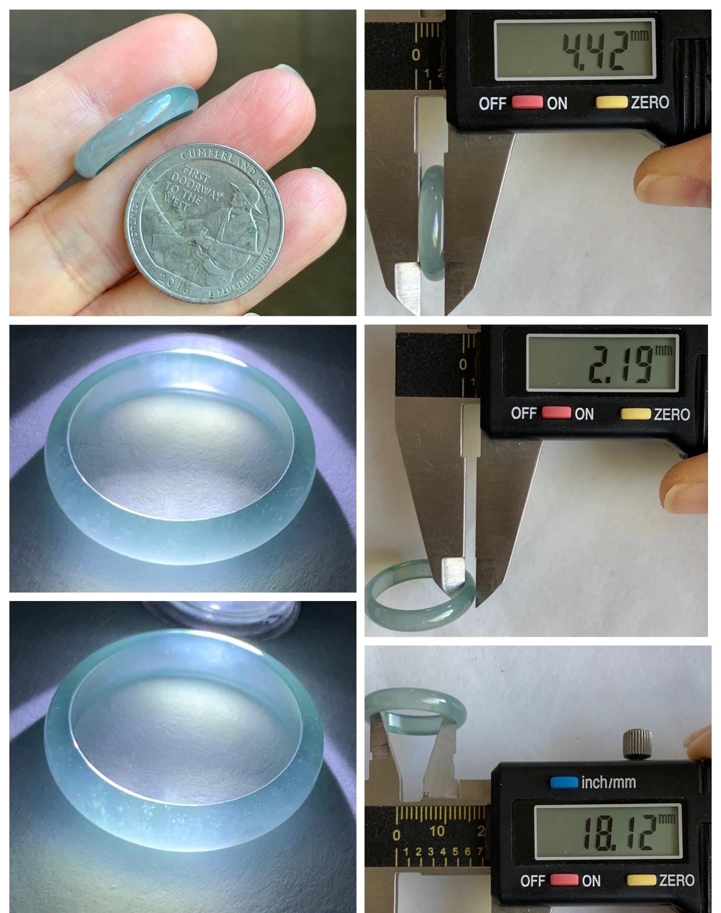 Natural Grade A Guatemalan Icy Highly Translucent Light Teal Blue Jade Jadeite Band Ring Size 7.75 US 天然冰胶危浅蓝绿起光翡翠戒圈 WLL55A