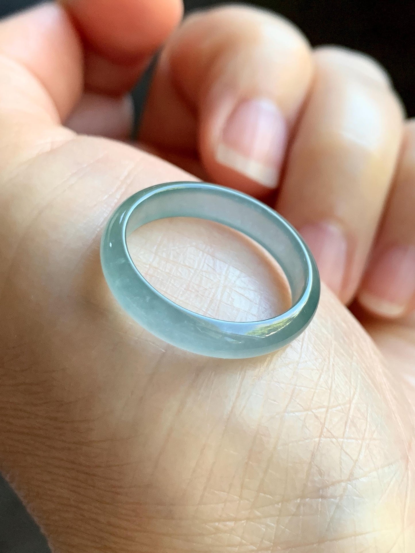 Natural Grade A Guatemalan Icy Highly Translucent Light Teal Blue Jade Jadeite Band Ring Size 7.75 US 天然冰胶危浅蓝绿起光翡翠戒圈 WLL55A