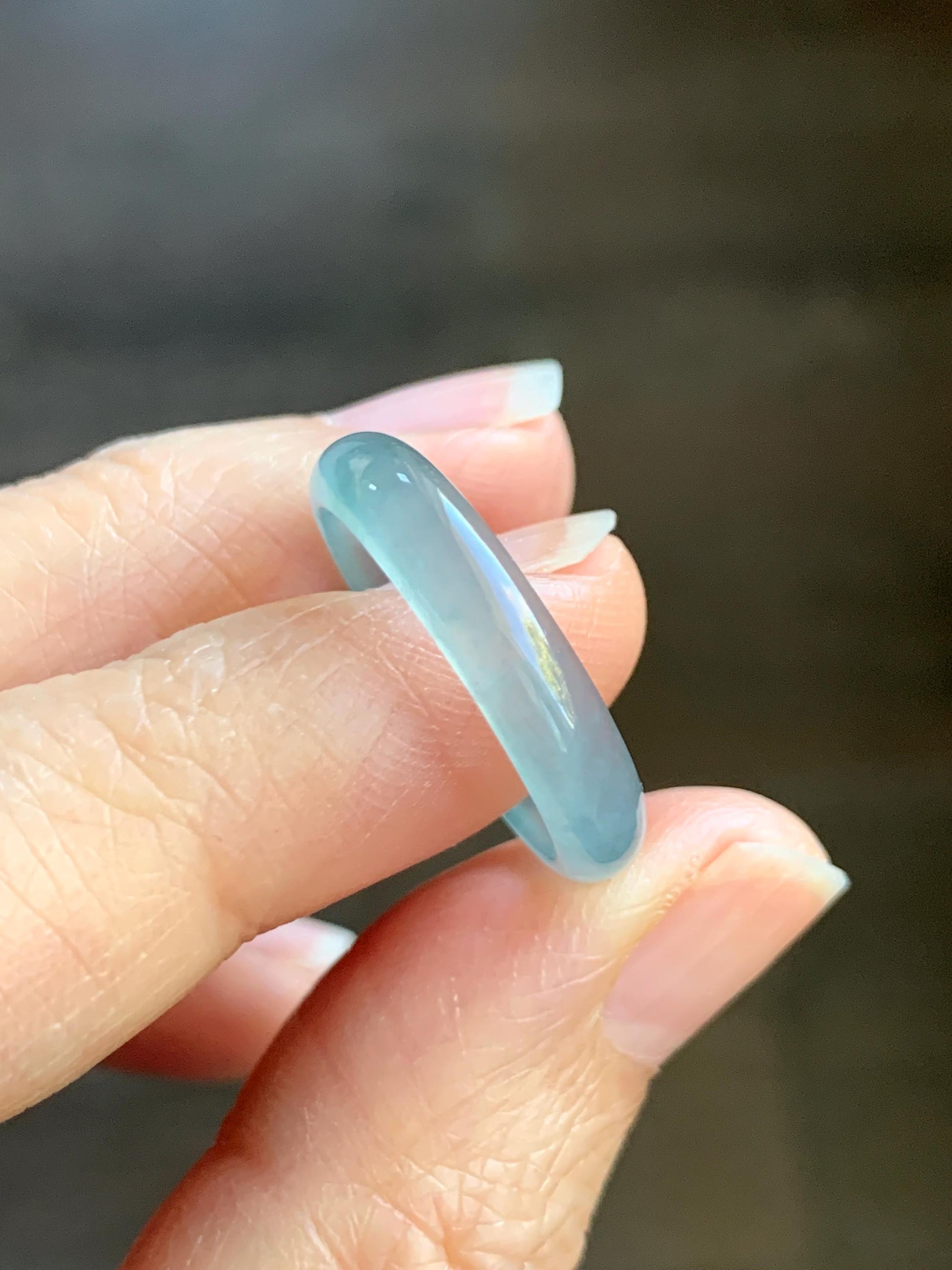Natural Grade A Guatemalan Icy Highly Translucent Light Teal Blue Jade Jadeite Band Ring Size 7.75 US 天然冰胶危浅蓝绿起光翡翠戒圈 WLL55A