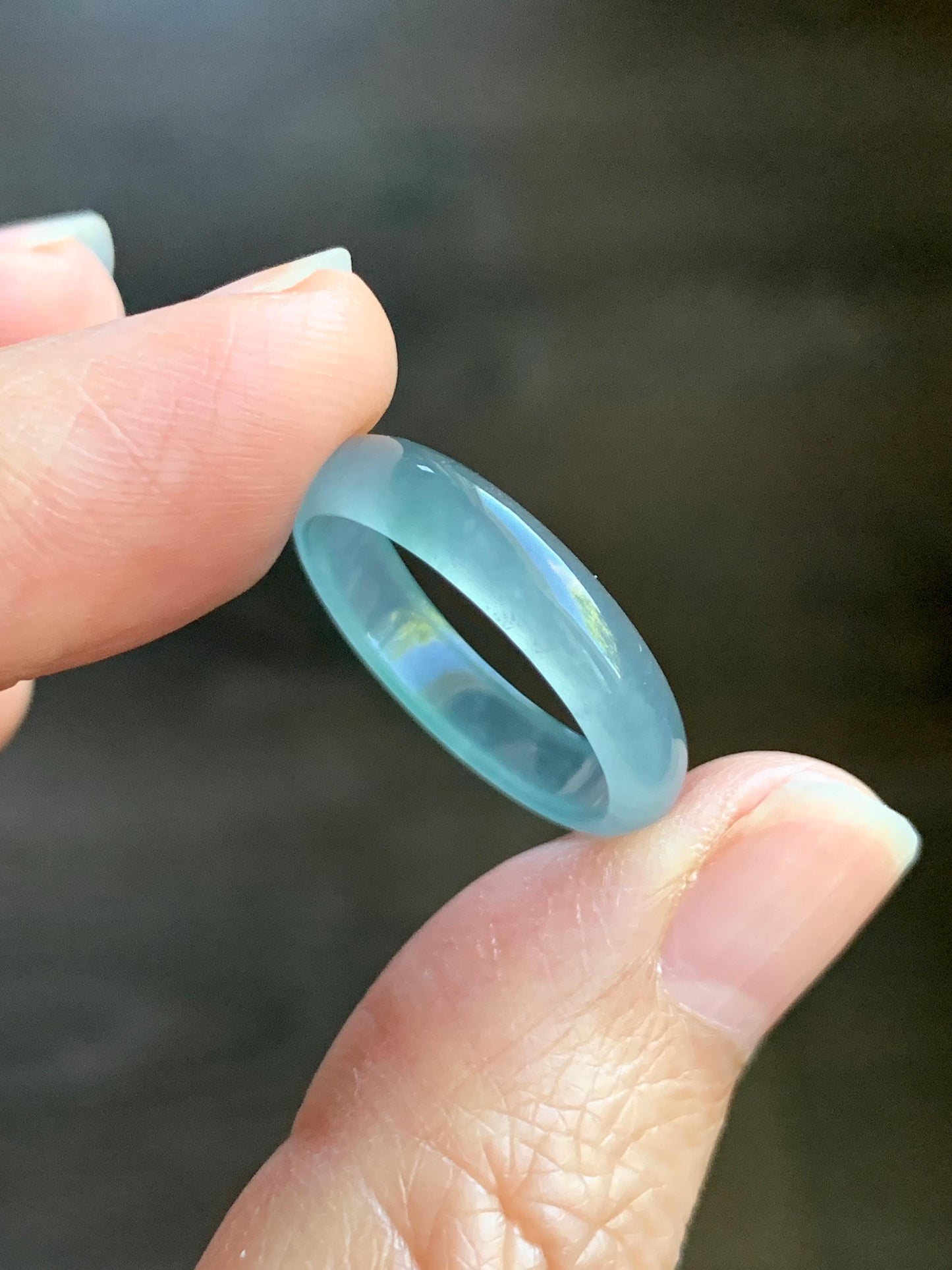 Natural Grade A Guatemalan Icy Highly Translucent Light Teal Blue Jade Jadeite Band Ring Size 7.75 US 天然冰胶危浅蓝绿起光翡翠戒圈 WLL55A