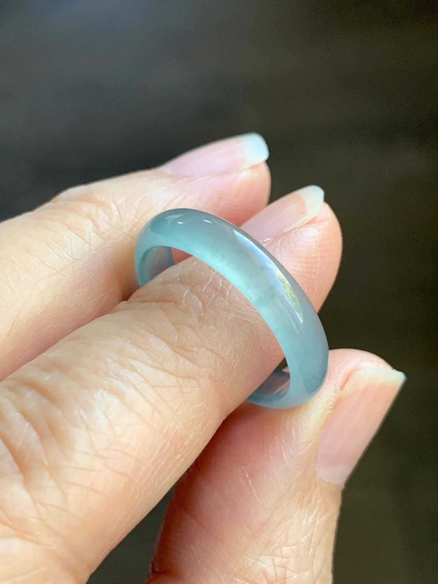 Natural Grade A Guatemalan Icy Highly Translucent Light Teal Blue Jade Jadeite Band Ring Size 7.75 US 天然冰胶危浅蓝绿起光翡翠戒圈 WLL55A