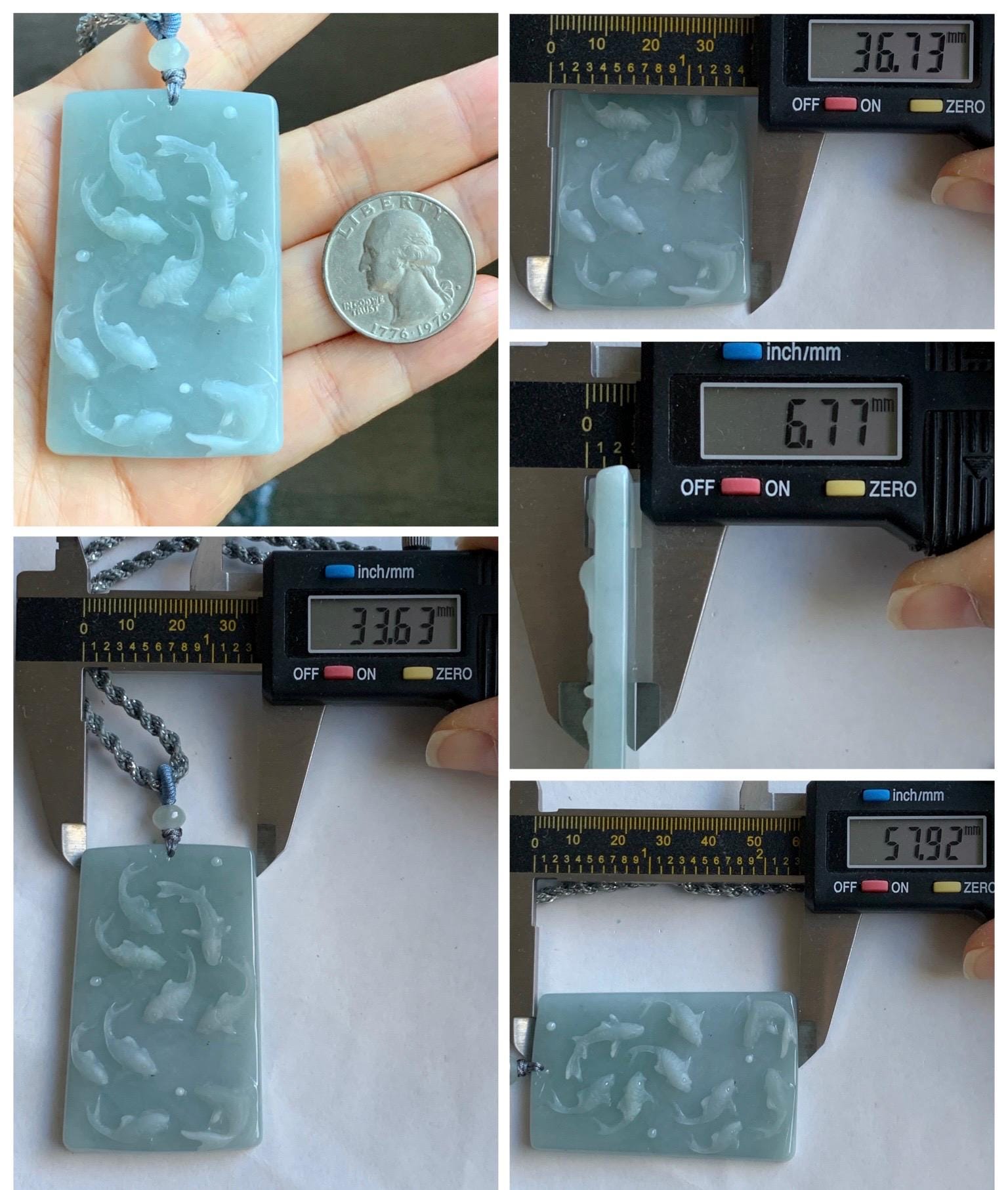 Natural Grade A Guatemalan Icy Translucent Light Blue Jade Jadeite Carved Nine Koi Fish Pendant Rope Necklace 30" 天然冰危浅蓝水翡翠精工九锦鲤鱼牌双抛吊坠WYP314