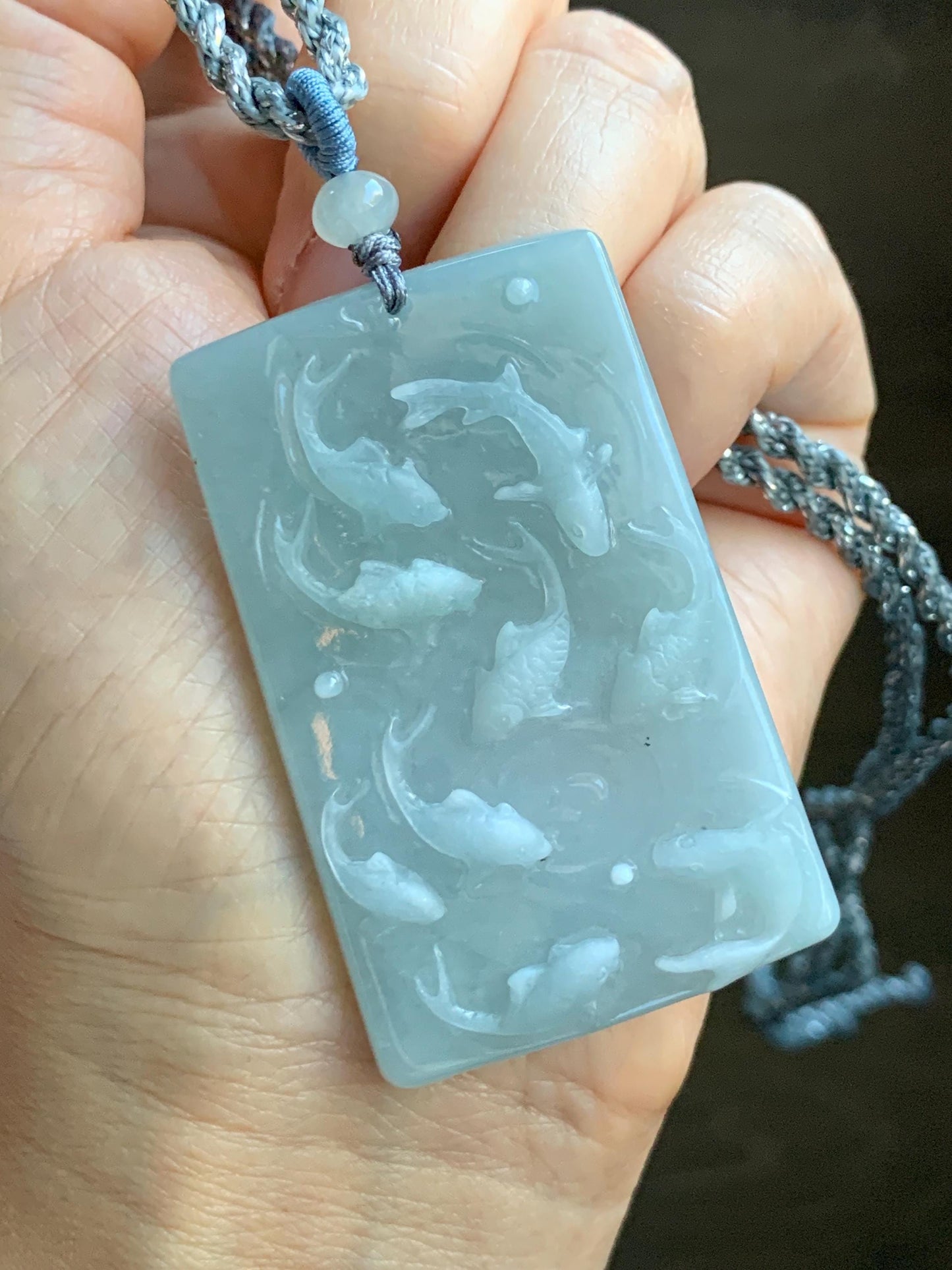 Natural Grade A Guatemalan Icy Translucent Light Blue Jade Jadeite Carved Nine Koi Fish Pendant Rope Necklace 30" 天然冰危浅蓝水翡翠精工九锦鲤鱼牌双抛吊坠WYP314