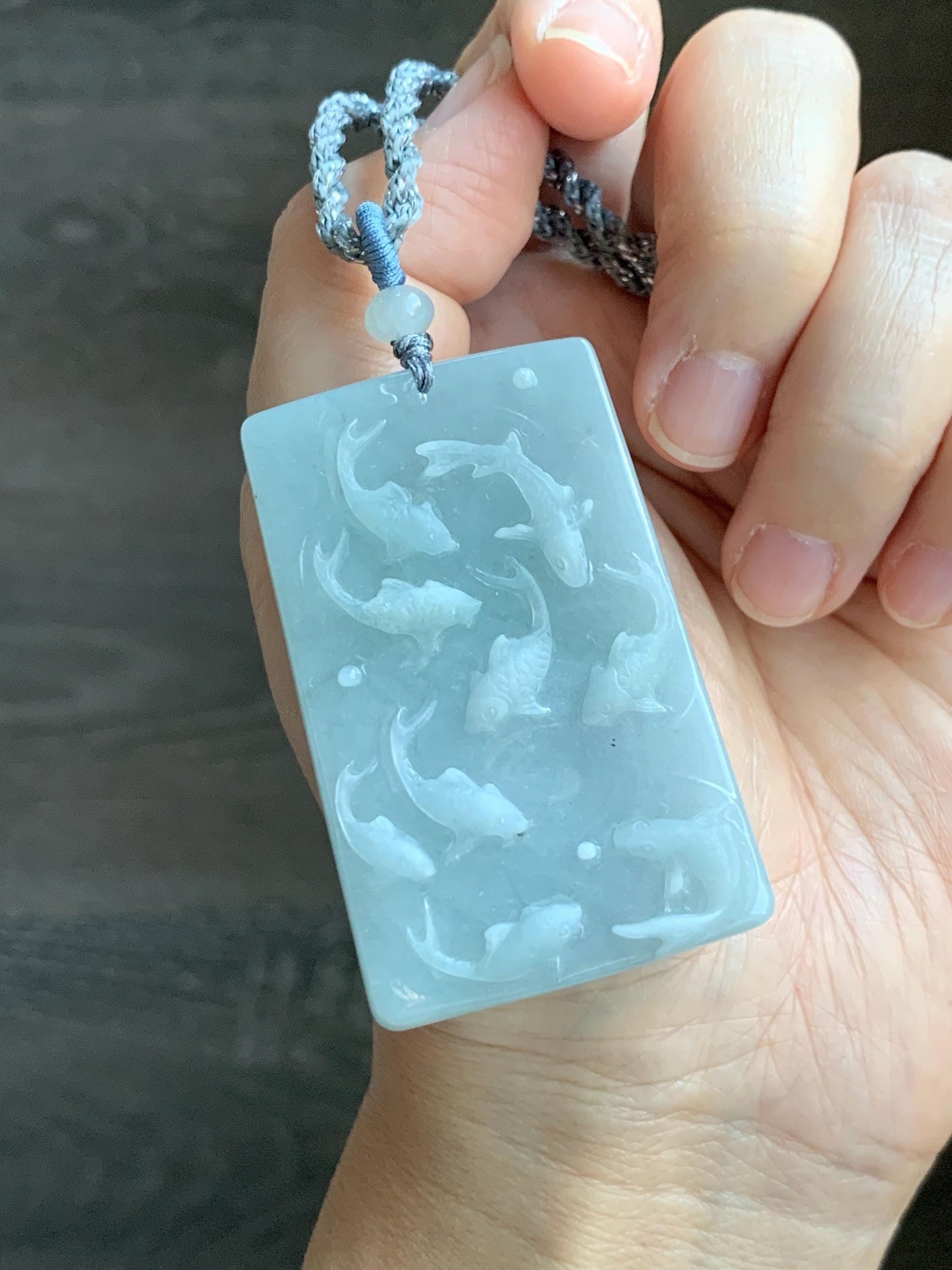 Natural Grade A Guatemalan Icy Translucent Light Blue Jade Jadeite Carved Nine Koi Fish Pendant Rope Necklace 30" 天然冰危浅蓝水翡翠精工九锦鲤鱼牌双抛吊坠WYP314