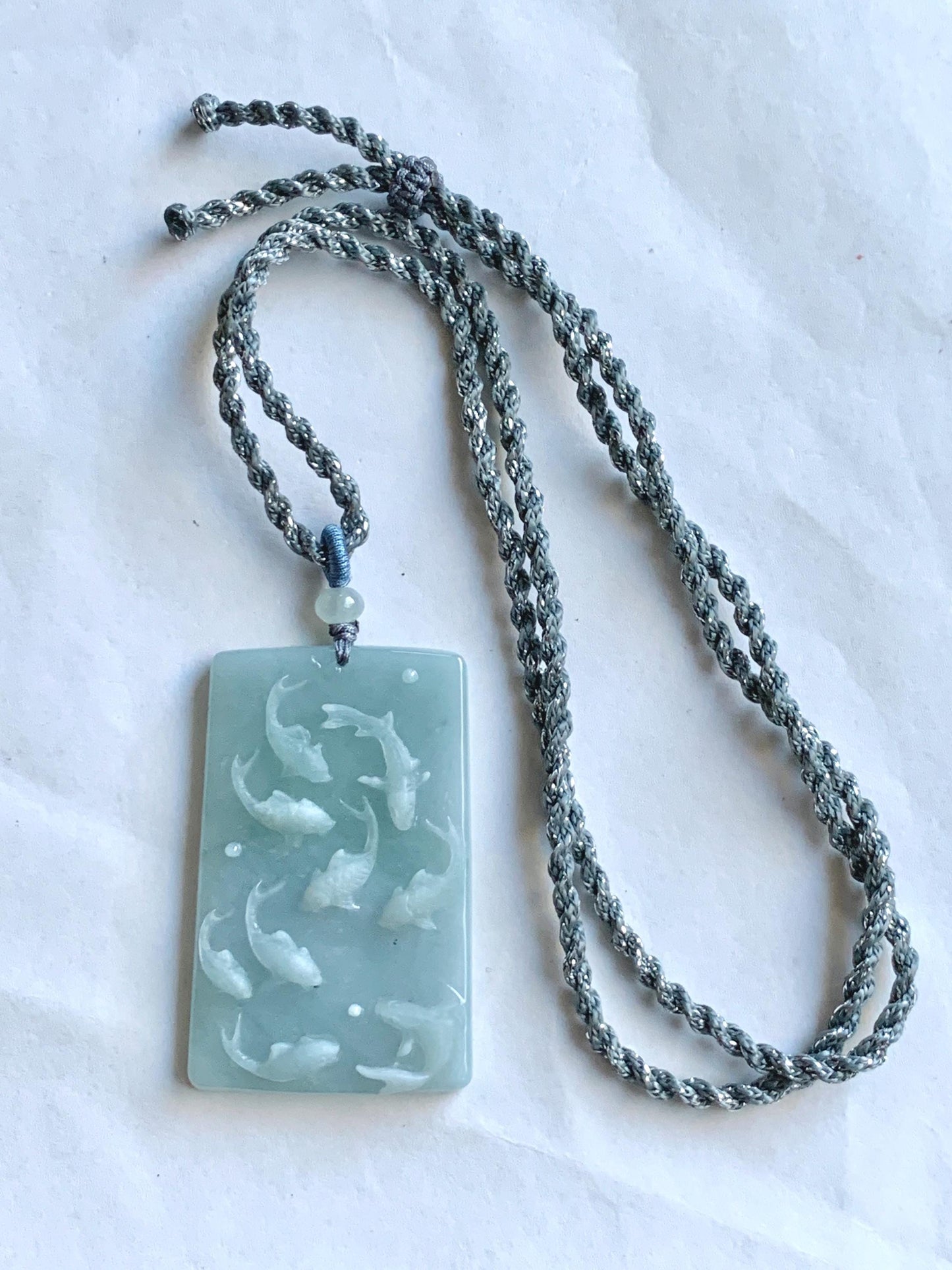 Natural Grade A Guatemalan Icy Translucent Light Blue Jade Jadeite Carved Nine Koi Fish Pendant Rope Necklace 30" 天然冰危浅蓝水翡翠精工九锦鲤鱼牌双抛吊坠WYP314