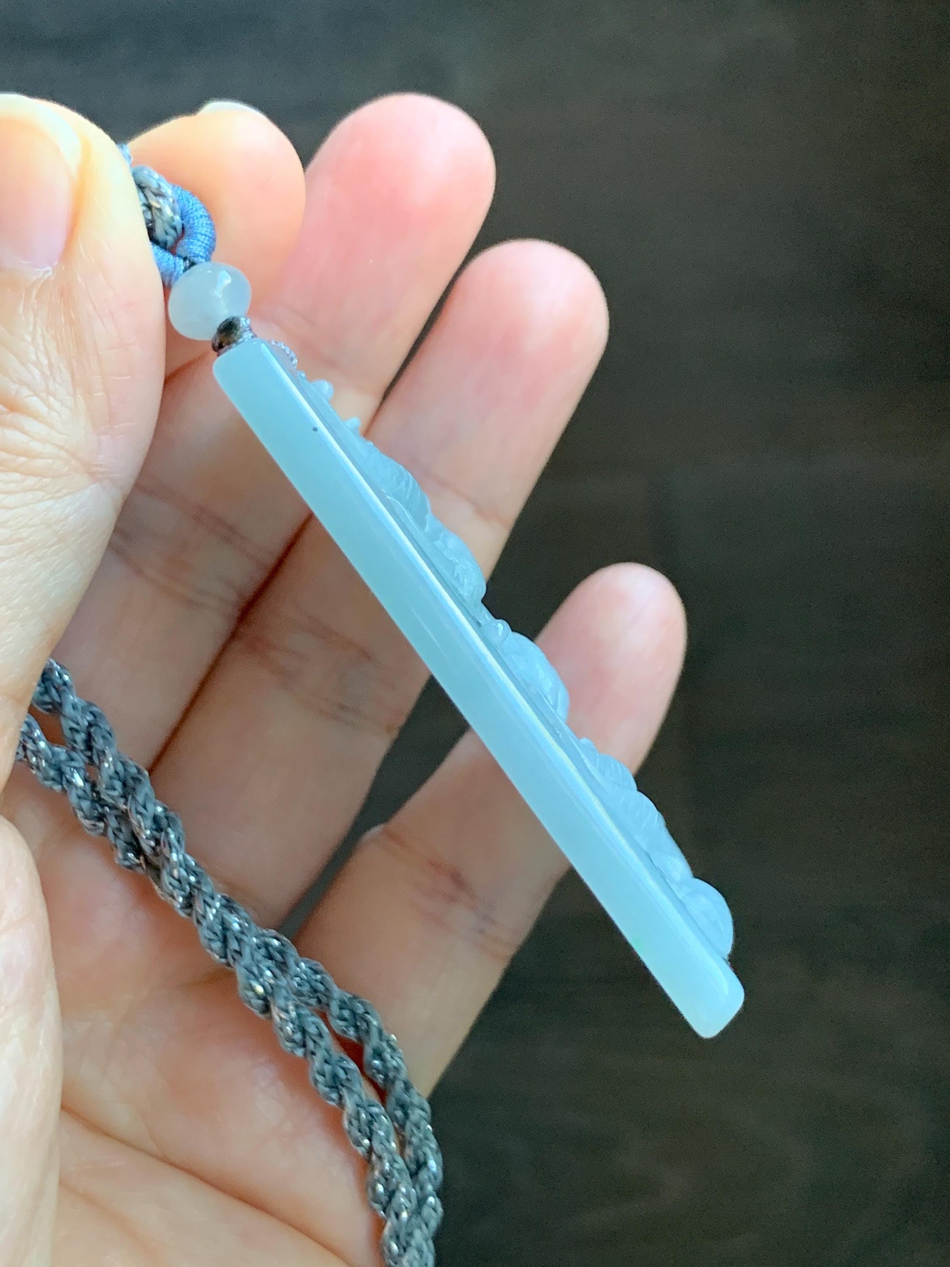 Natural Grade A Guatemalan Icy Translucent Light Blue Jade Jadeite Carved Nine Koi Fish Pendant Rope Necklace 30" 天然冰危浅蓝水翡翠精工九锦鲤鱼牌双抛吊坠WYP314