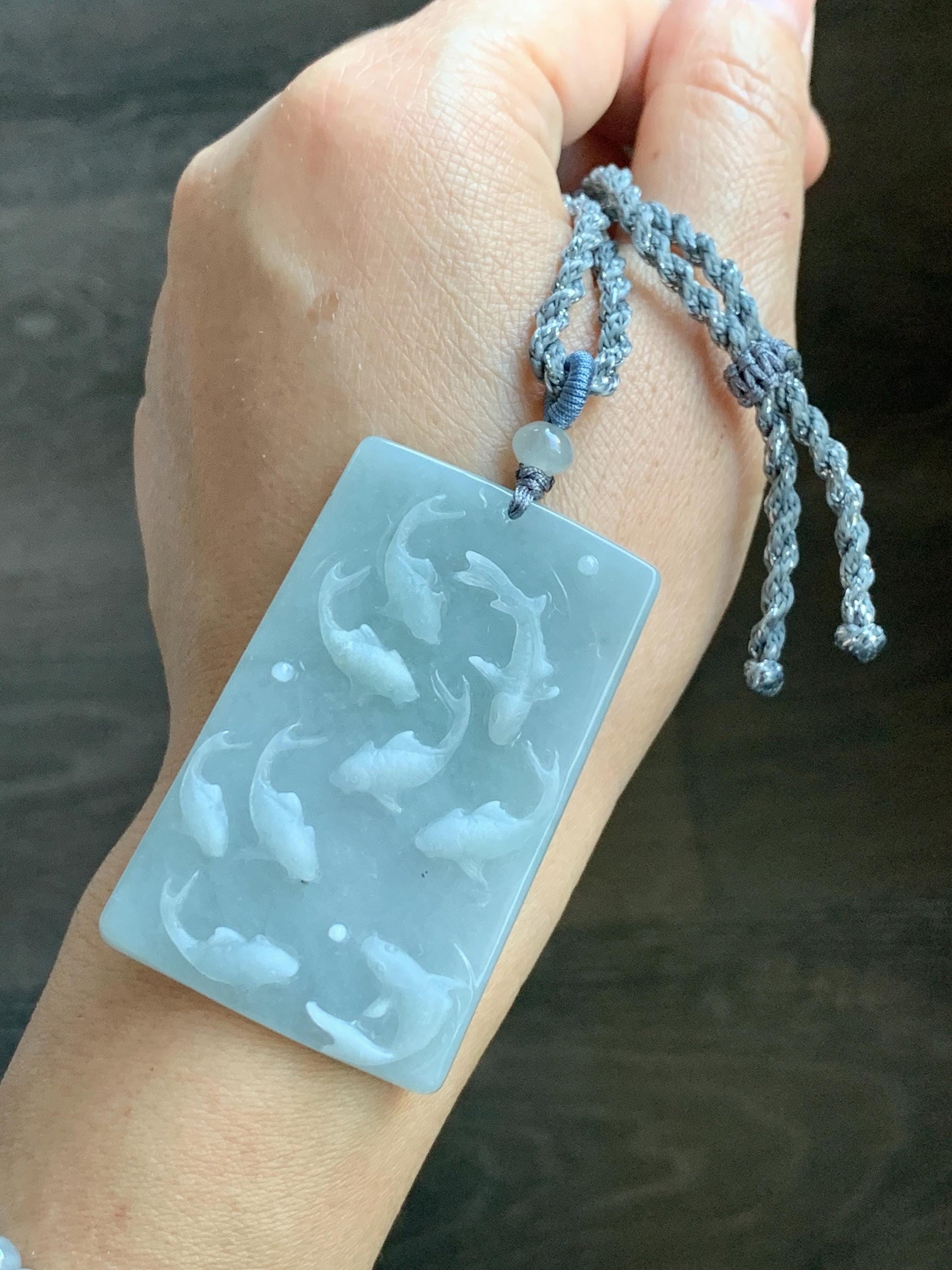 Natural Grade A Guatemalan Icy Translucent Light Blue Jade Jadeite Carved Nine Koi Fish Pendant Rope Necklace 30" 天然冰危浅蓝水翡翠精工九锦鲤鱼牌双抛吊坠WYP314