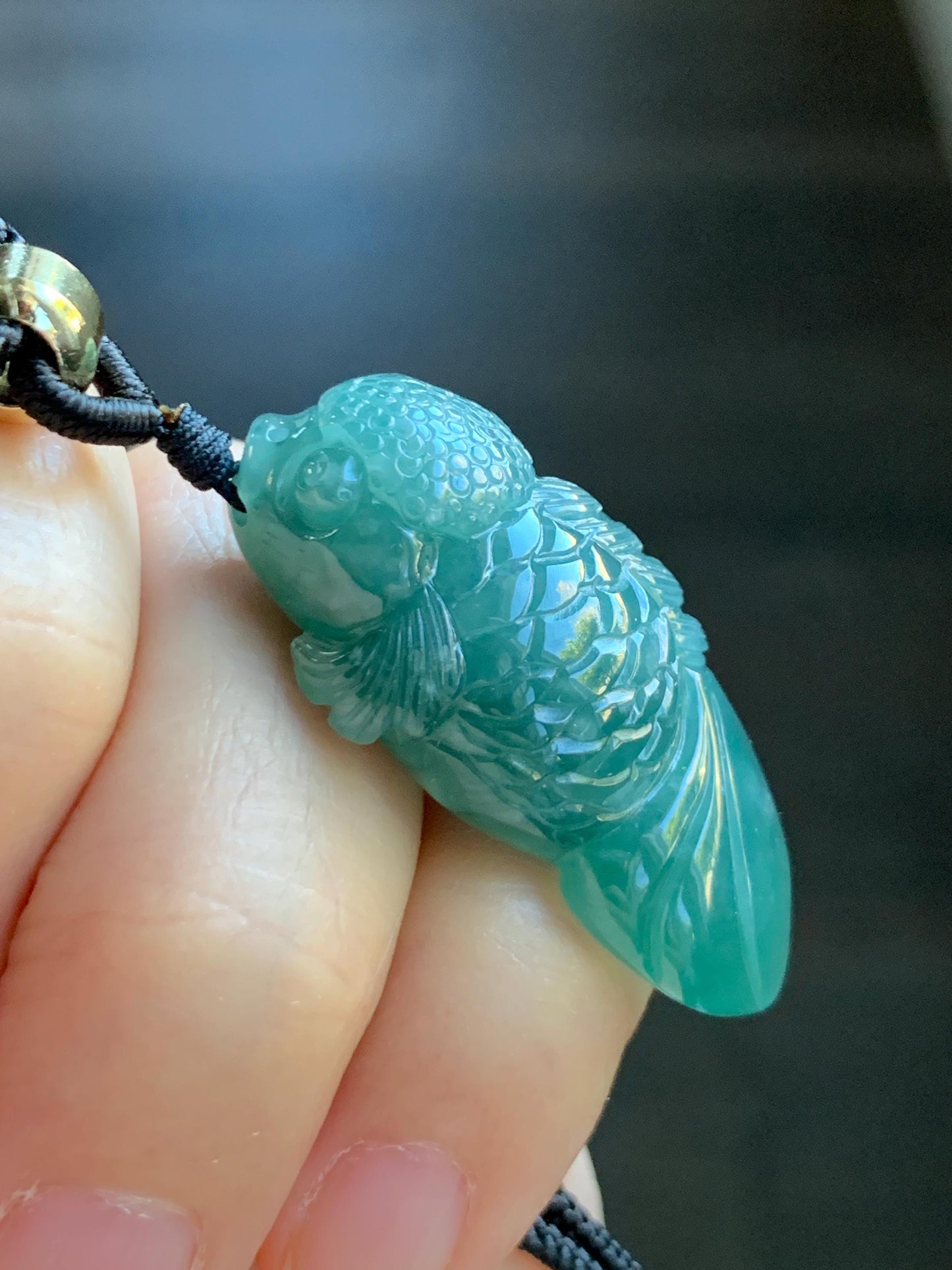 Natural Grade A Guatemalan Icy Translucent Dark Teal Blue Jade Jadeite Carved Goldfish Pendant Rope Necklace 25" 19g 天然冰危蓝水翡翠精工金鱼吊坠 WJY161