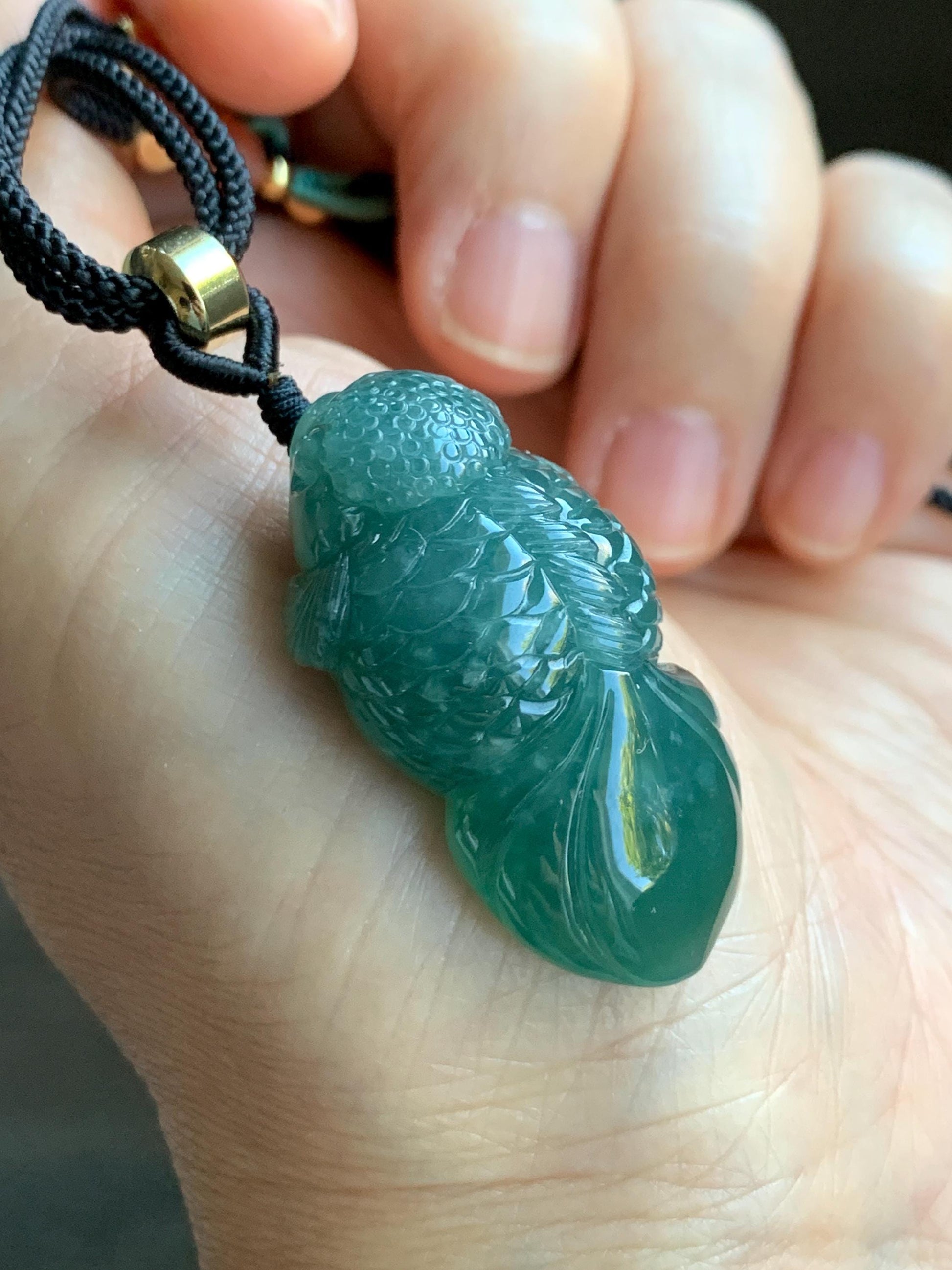 Natural Grade A Guatemalan Icy Translucent Dark Teal Blue Jade Jadeite Carved Goldfish Pendant Rope Necklace 25" 19g 天然冰危蓝水翡翠精工金鱼吊坠 WJY161