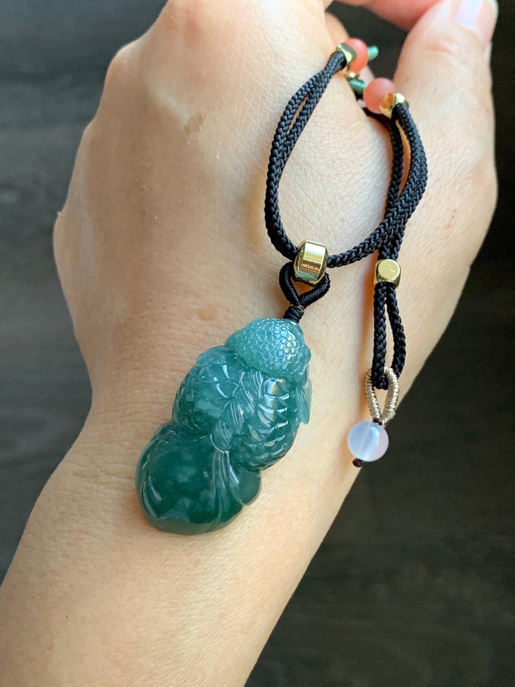 Natural Grade A Guatemalan Icy Translucent Dark Teal Blue Jade Jadeite Carved Goldfish Pendant Rope Necklace 25" 19g 天然冰危蓝水翡翠精工金鱼吊坠 WJY161